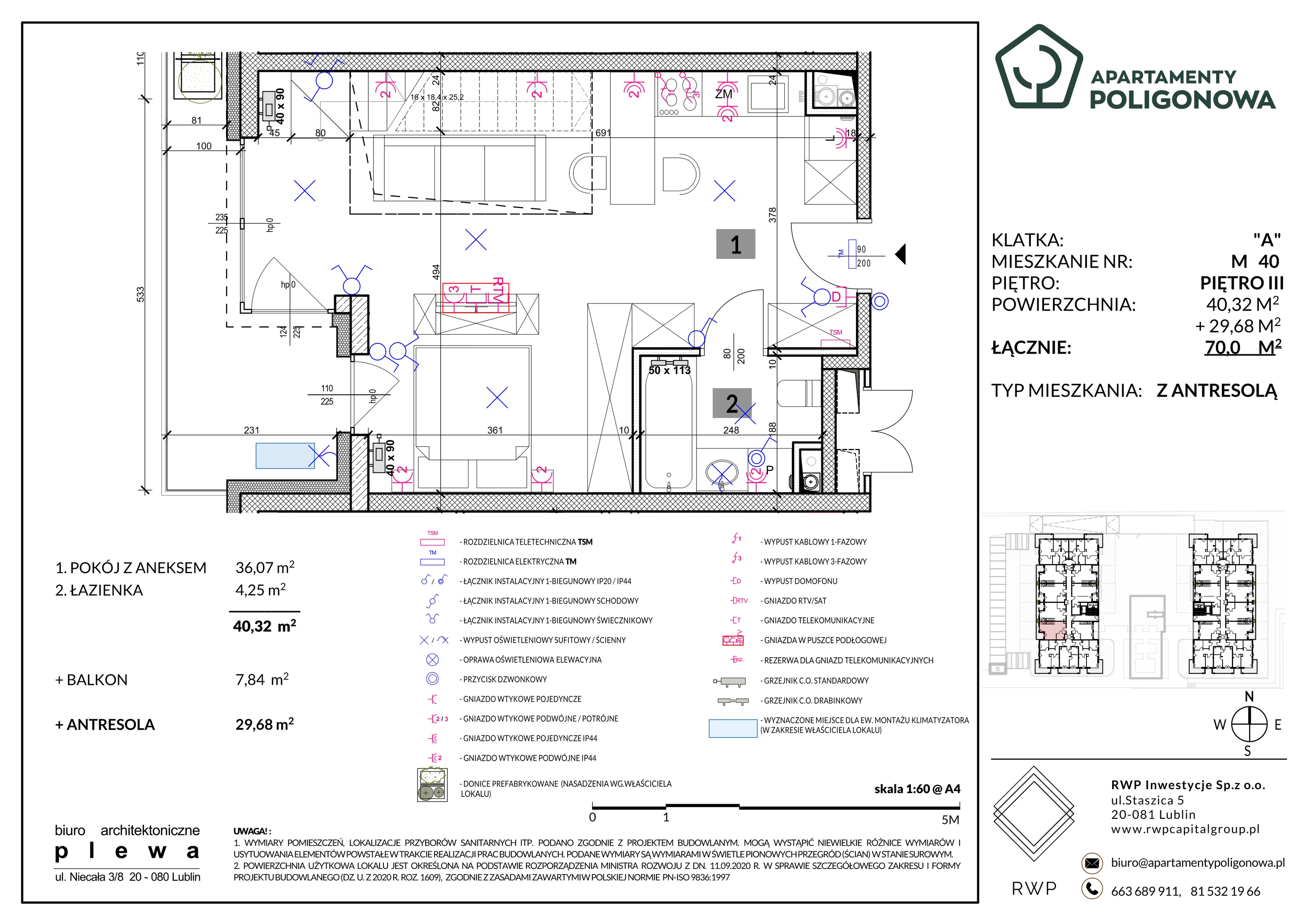 4 pokoje, mieszkanie 70,00 m², piętro 3, oferta nr 40, Apartamenty Poligonowa 4, Lublin, Sławin, ul. Poligonowa