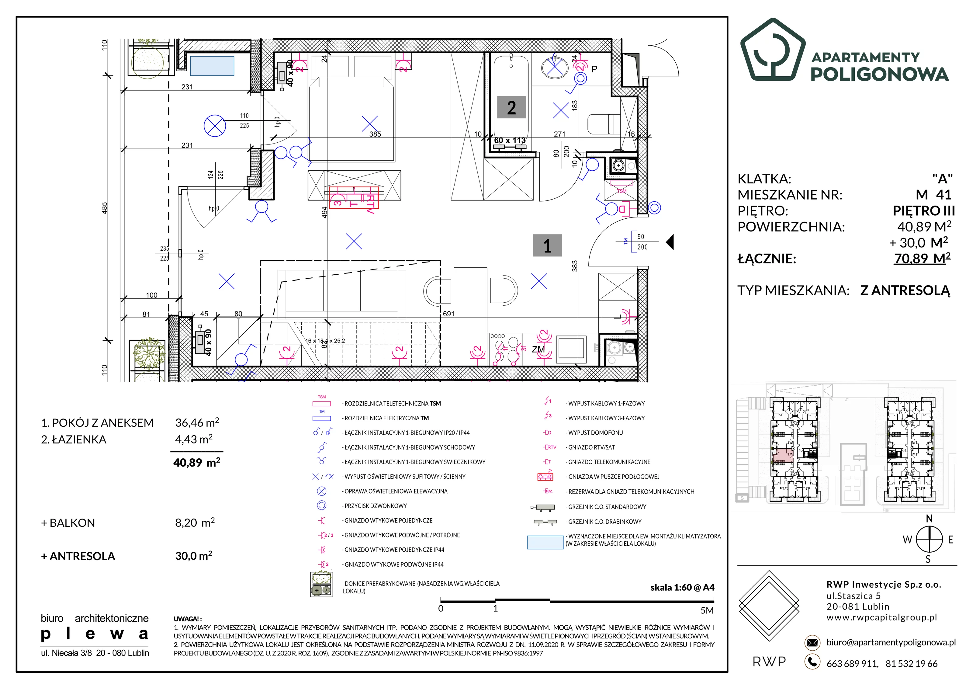 4 pokoje, mieszkanie 70,89 m², piętro 3, oferta nr 41, Apartamenty Poligonowa 4, Lublin, Sławin, ul. Poligonowa