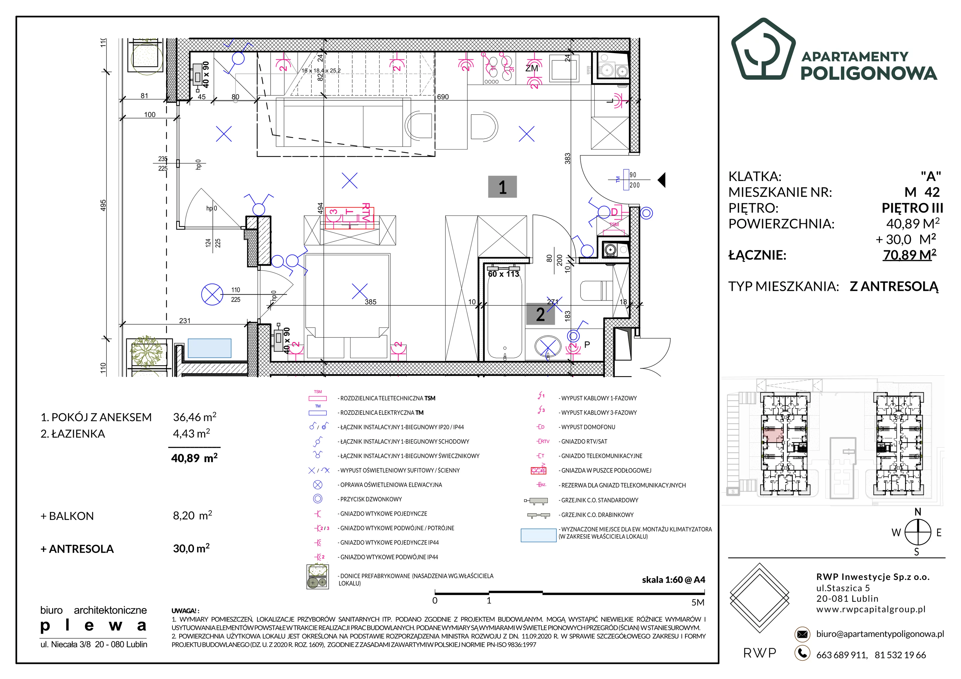 4 pokoje, mieszkanie 70,89 m², piętro 3, oferta nr 42, Apartamenty Poligonowa 4, Lublin, Sławin, ul. Poligonowa