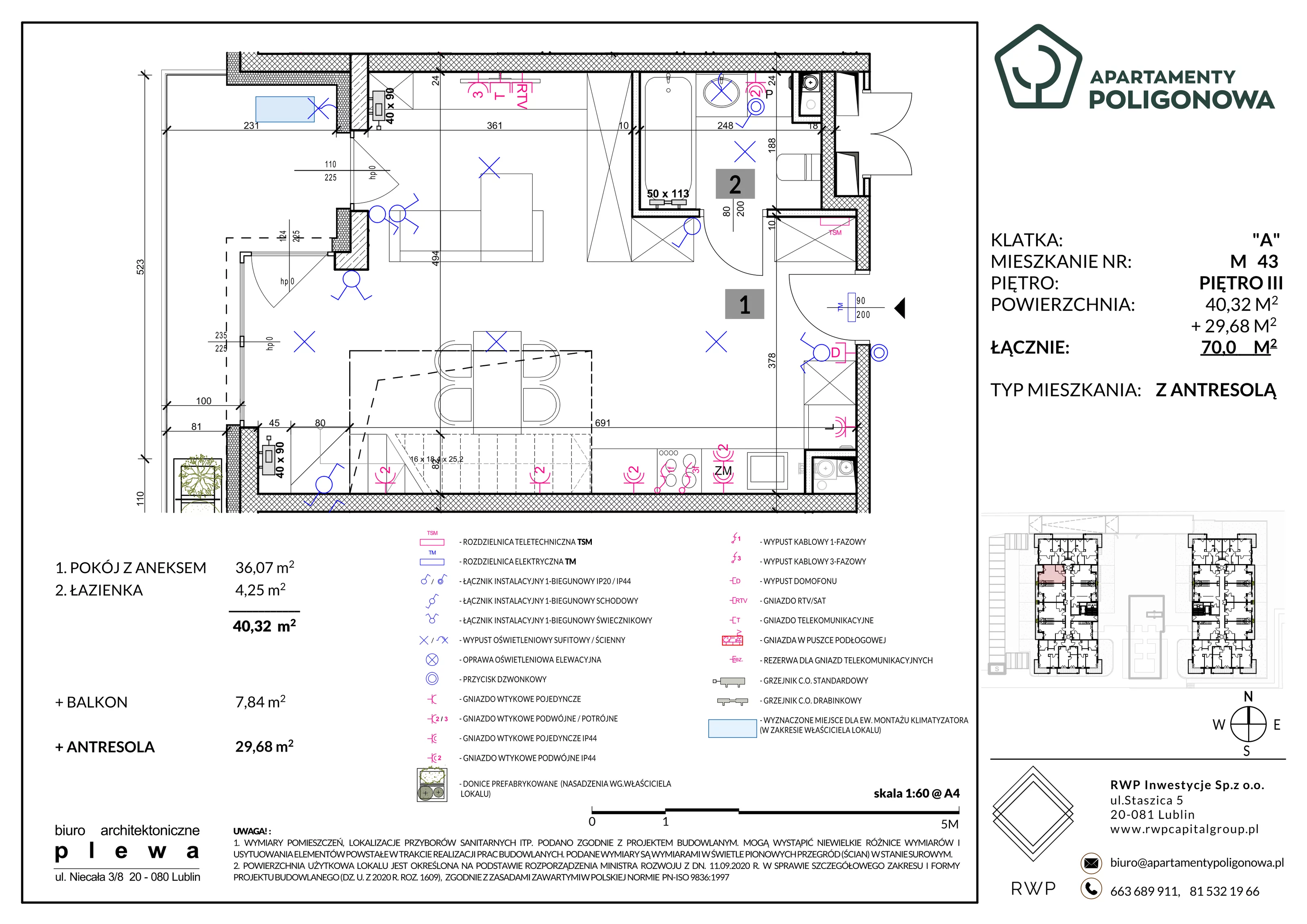 3 pokoje, mieszkanie 70,00 m², piętro 3, oferta nr 43, Apartamenty Poligonowa 4, Lublin, Sławin, ul. Poligonowa