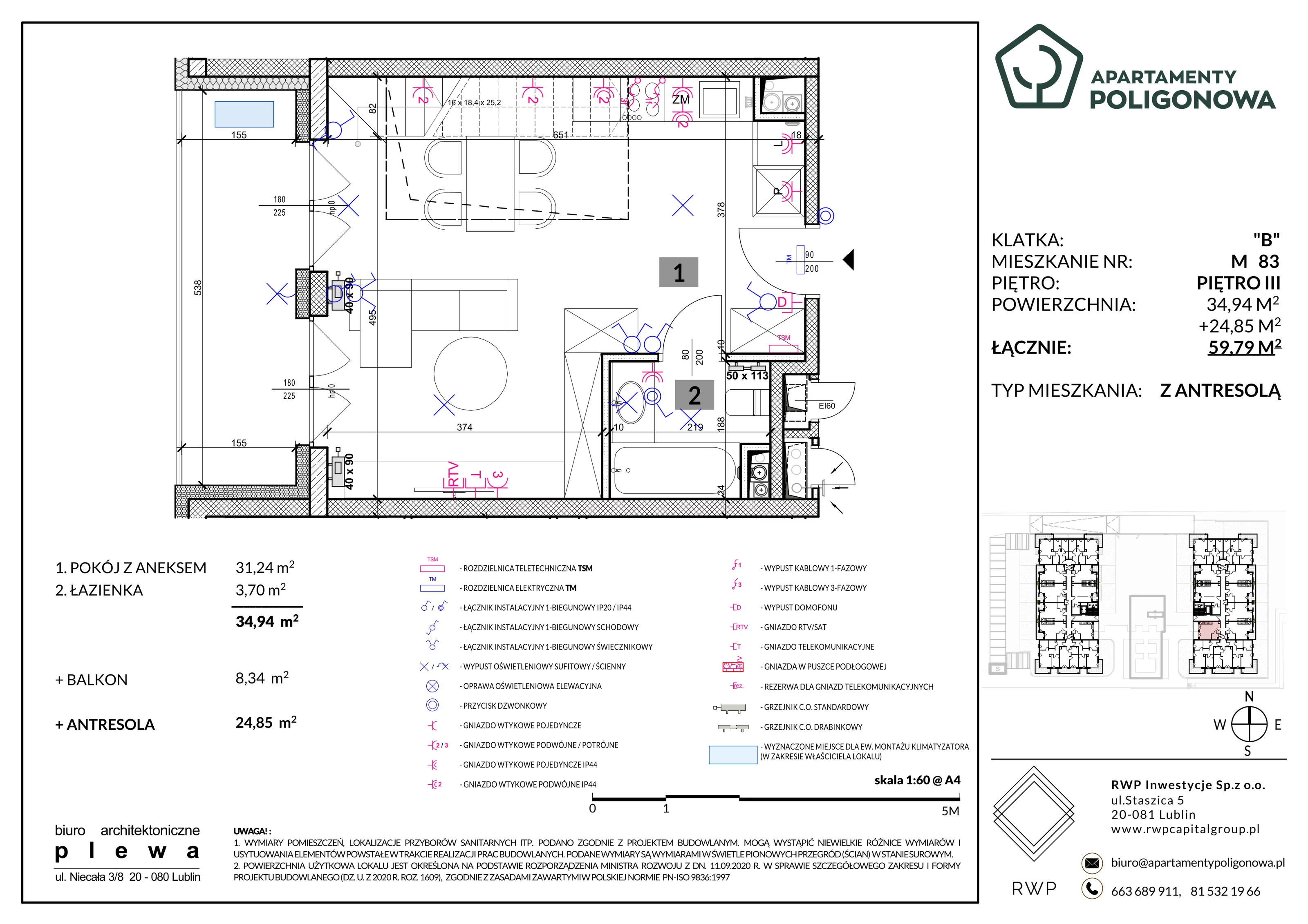 3 pokoje, mieszkanie 59,79 m², piętro 3, oferta nr 83, Apartamenty Poligonowa 4, Lublin, Sławin, ul. Poligonowa