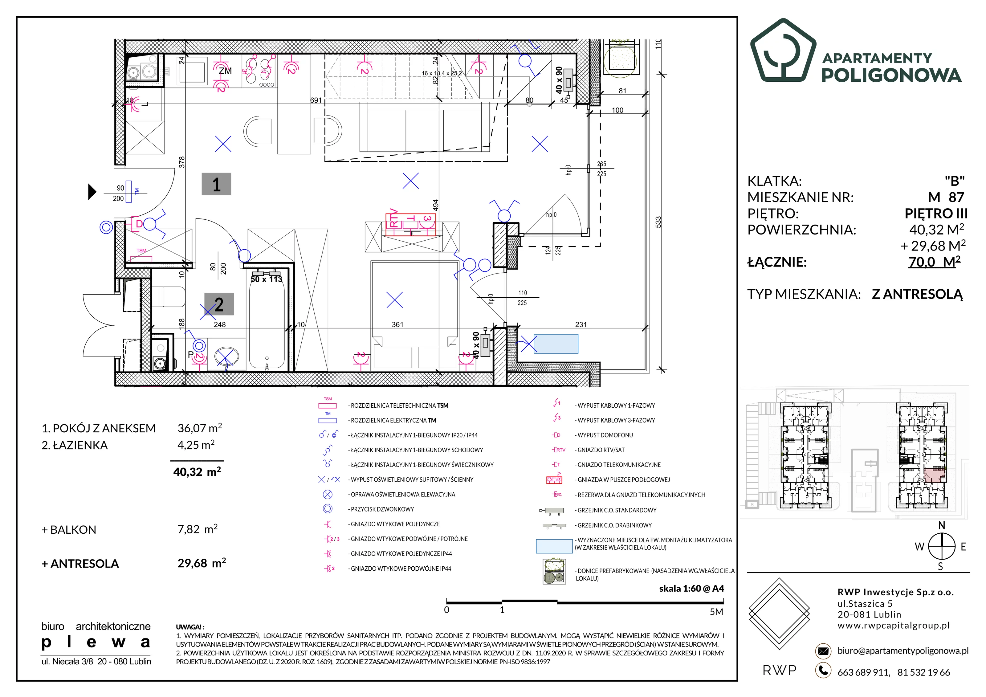 4 pokoje, mieszkanie 70,00 m², piętro 3, oferta nr 87, Apartamenty Poligonowa 4, Lublin, Sławin, ul. Poligonowa