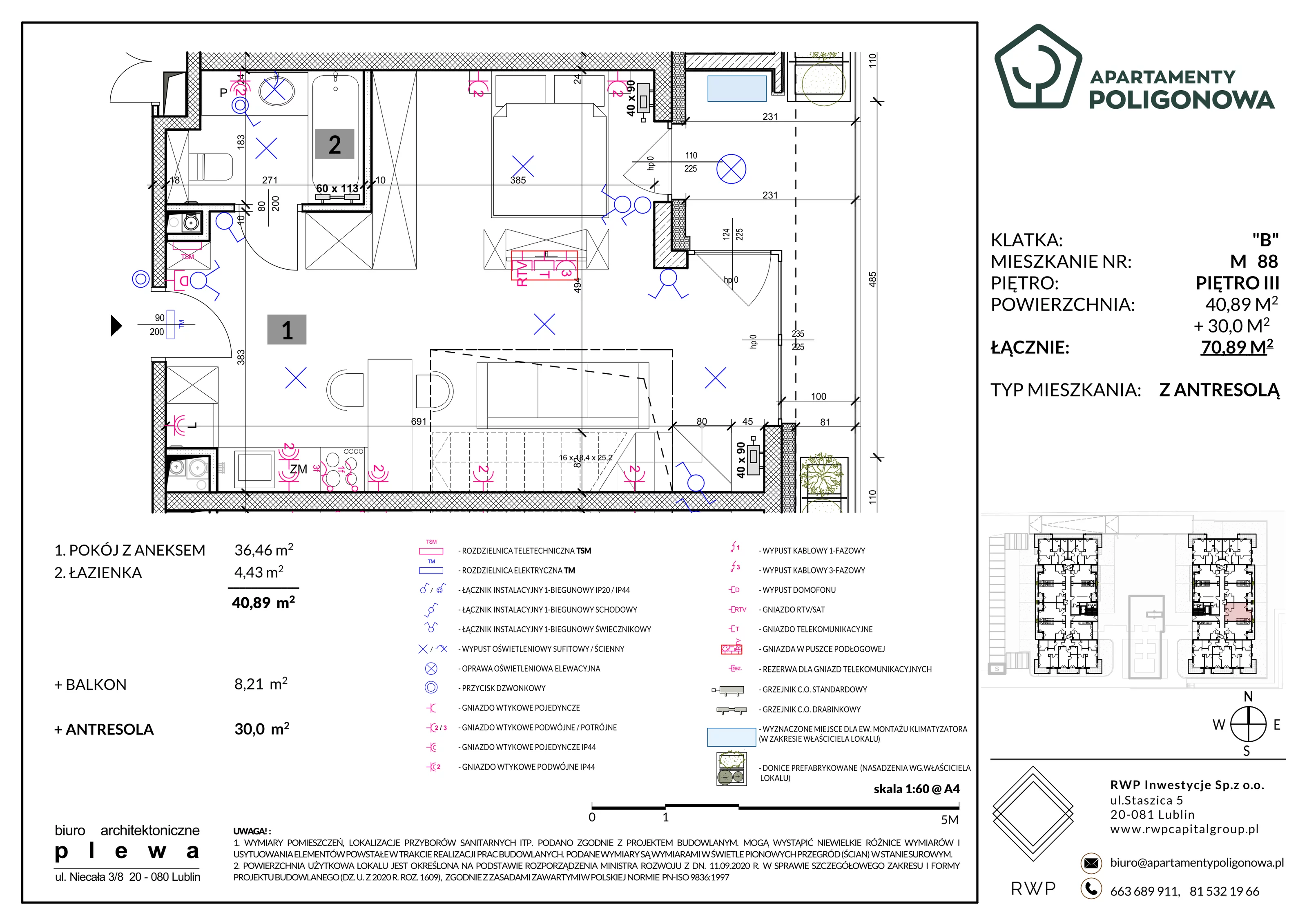 4 pokoje, mieszkanie 70,89 m², piętro 3, oferta nr 88, Apartamenty Poligonowa 4, Lublin, Sławin, ul. Poligonowa