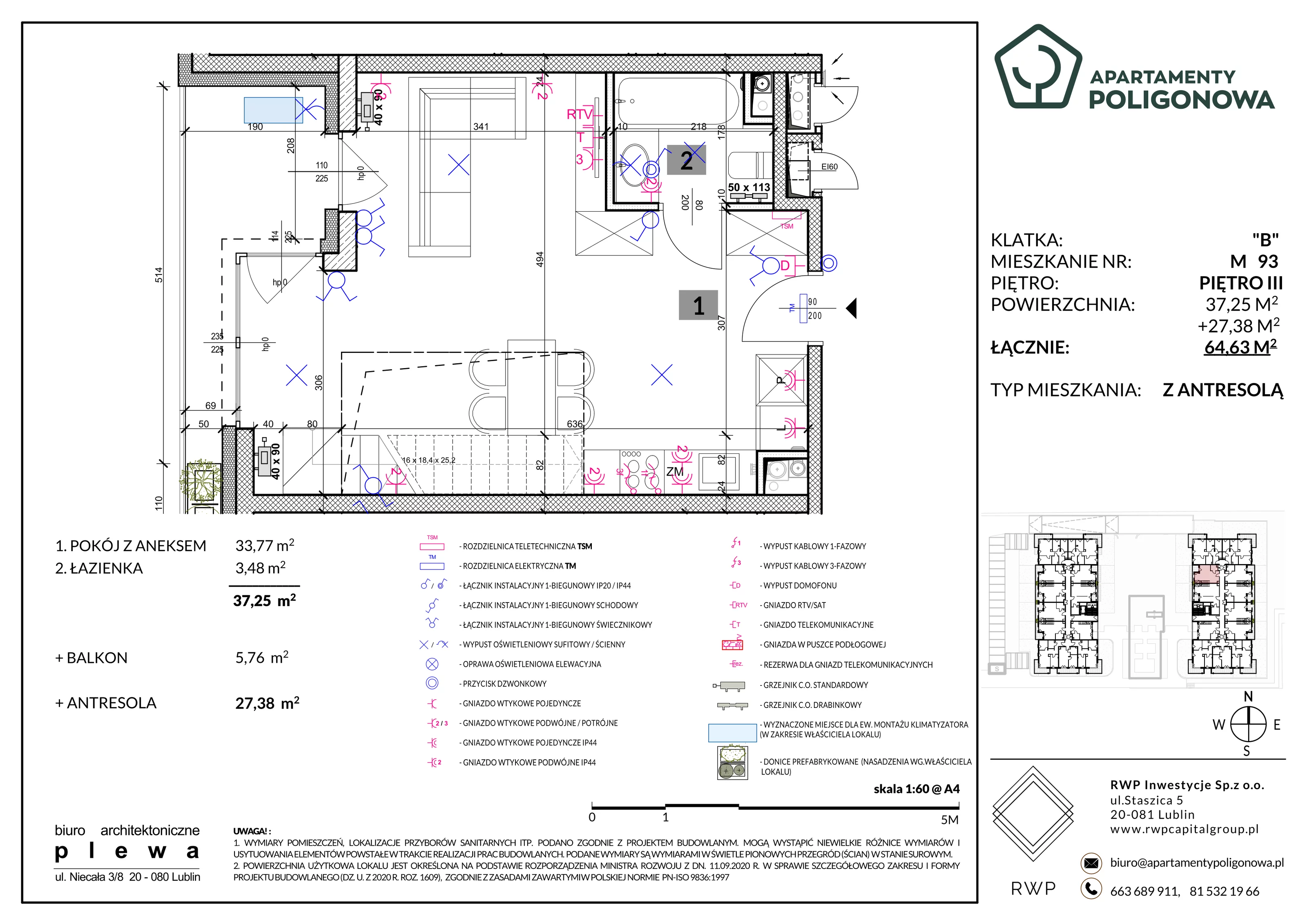 3 pokoje, mieszkanie 64,63 m², piętro 3, oferta nr 93, Apartamenty Poligonowa 4, Lublin, Sławin, ul. Poligonowa