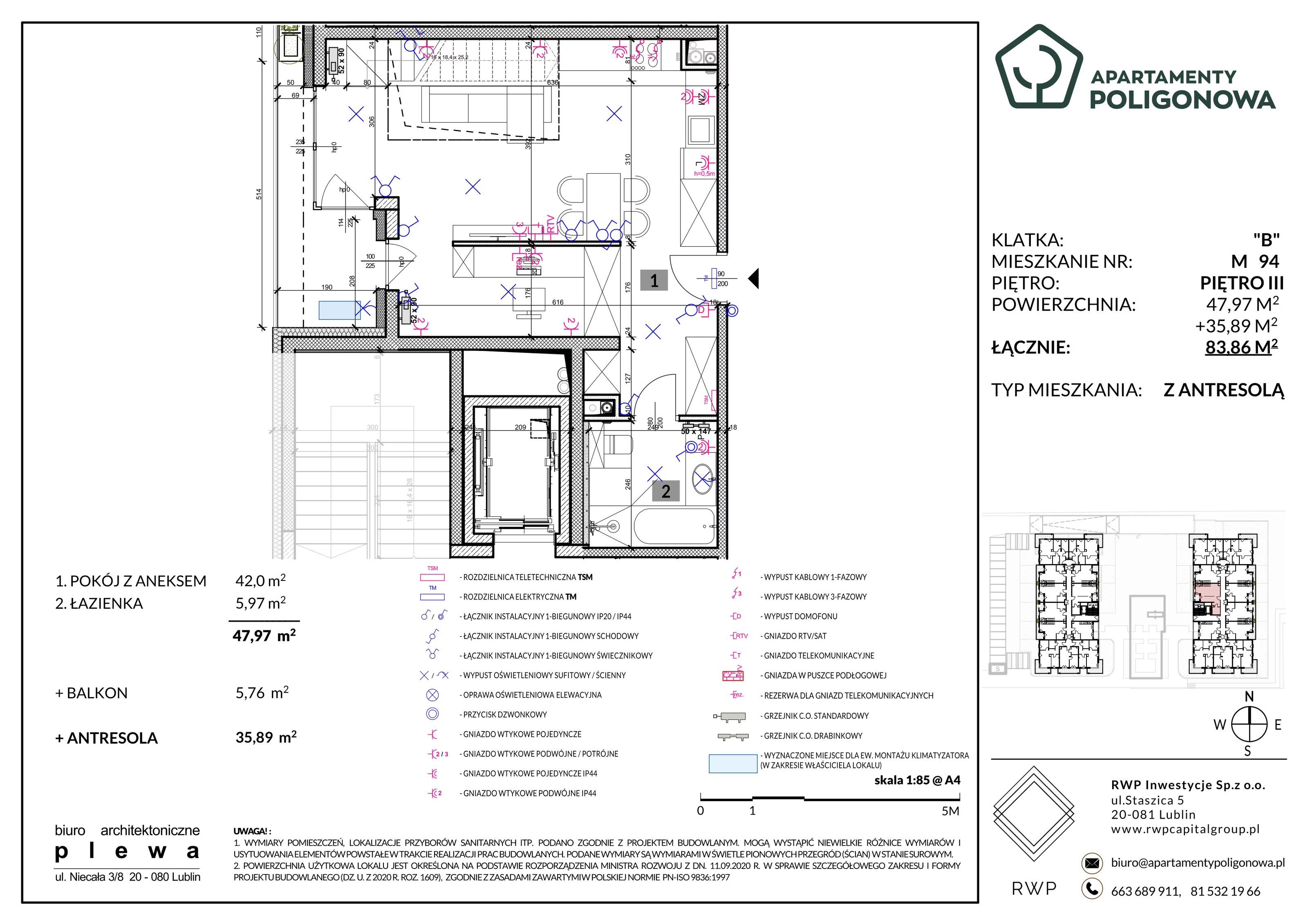 4 pokoje, mieszkanie 83,86 m², piętro 3, oferta nr 94, Apartamenty Poligonowa 4, Lublin, Sławin, ul. Poligonowa