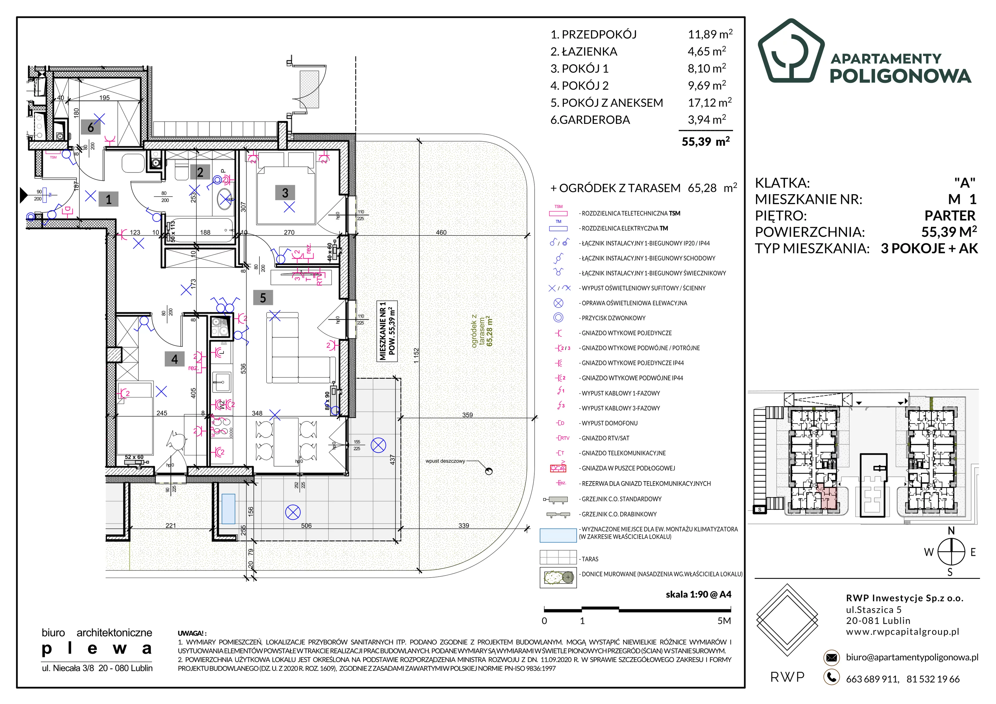 3 pokoje, mieszkanie 55,39 m², parter, oferta nr 1, Apartamenty Poligonowa 4, Lublin, Sławin, ul. Poligonowa
