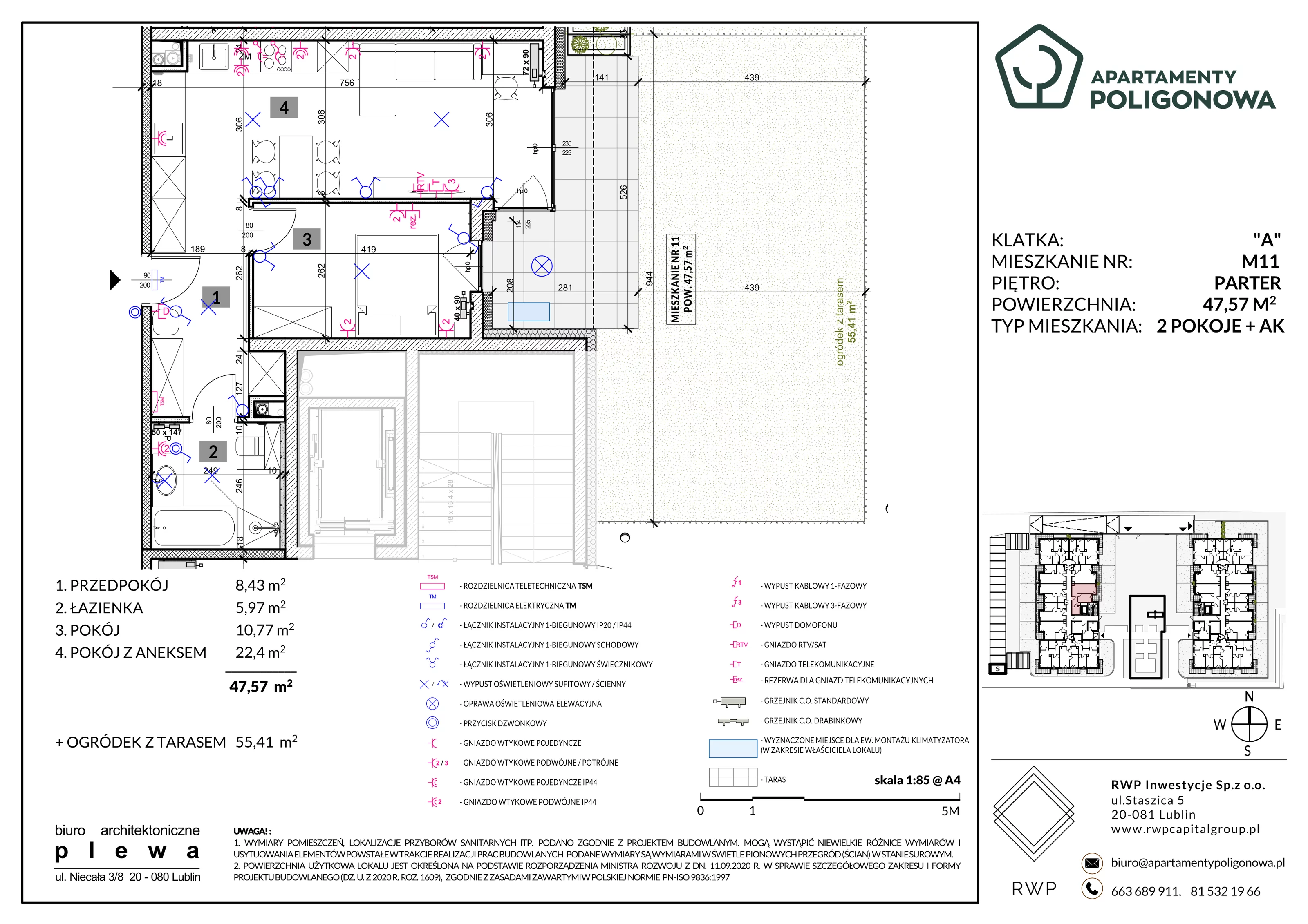 2 pokoje, mieszkanie 47,57 m², parter, oferta nr 11, Apartamenty Poligonowa 4, Lublin, Sławin, ul. Poligonowa
