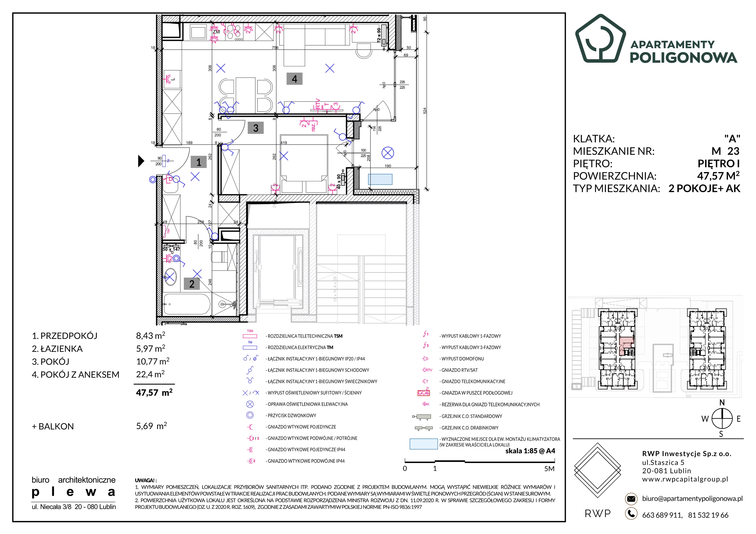 2 pokoje, mieszkanie 47,57 m², piętro 1, oferta nr 23, Apartamenty Poligonowa 4, Lublin, Sławin, ul. Poligonowa