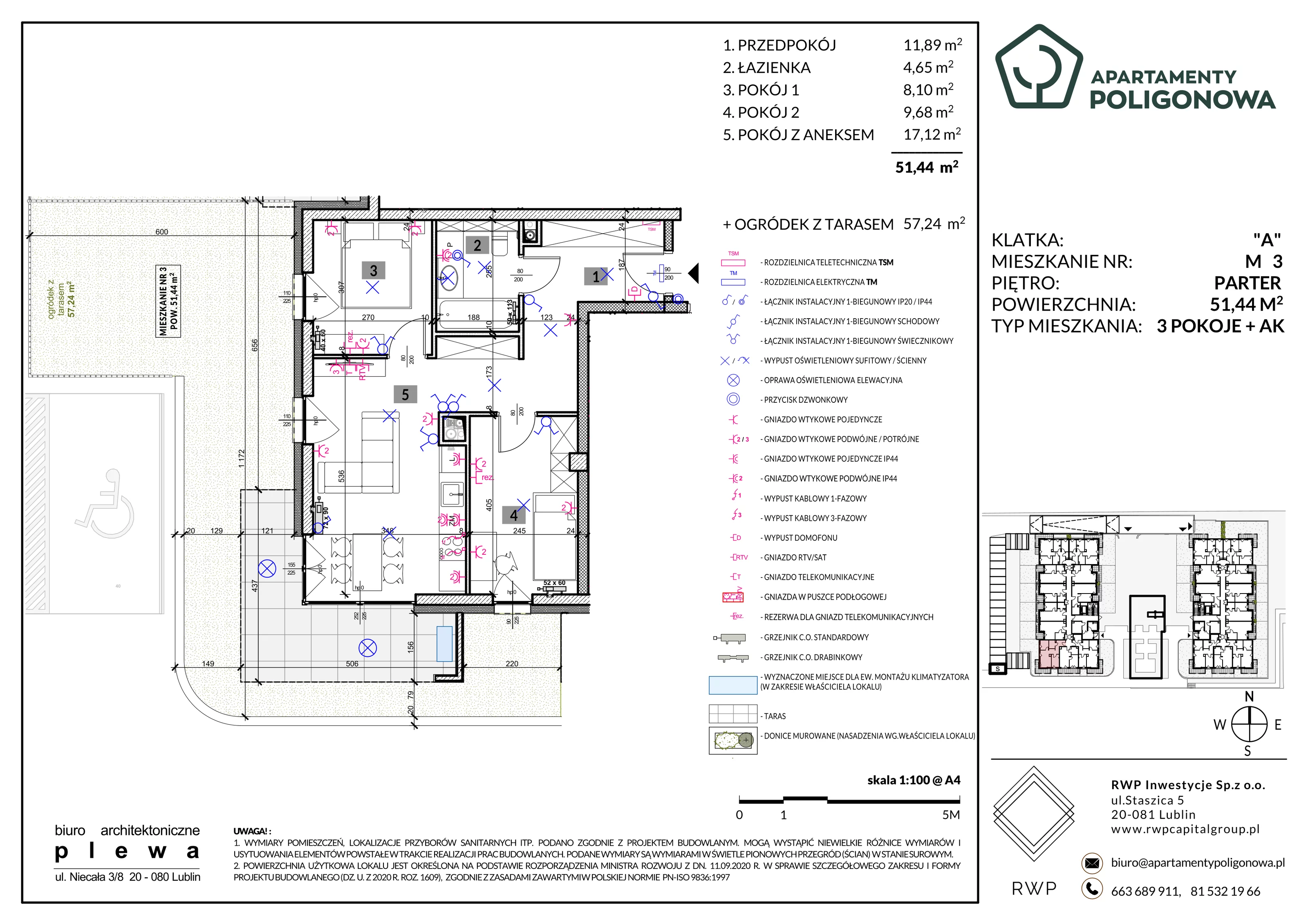 3 pokoje, mieszkanie 51,44 m², parter, oferta nr 3, Apartamenty Poligonowa 4, Lublin, Sławin, ul. Poligonowa