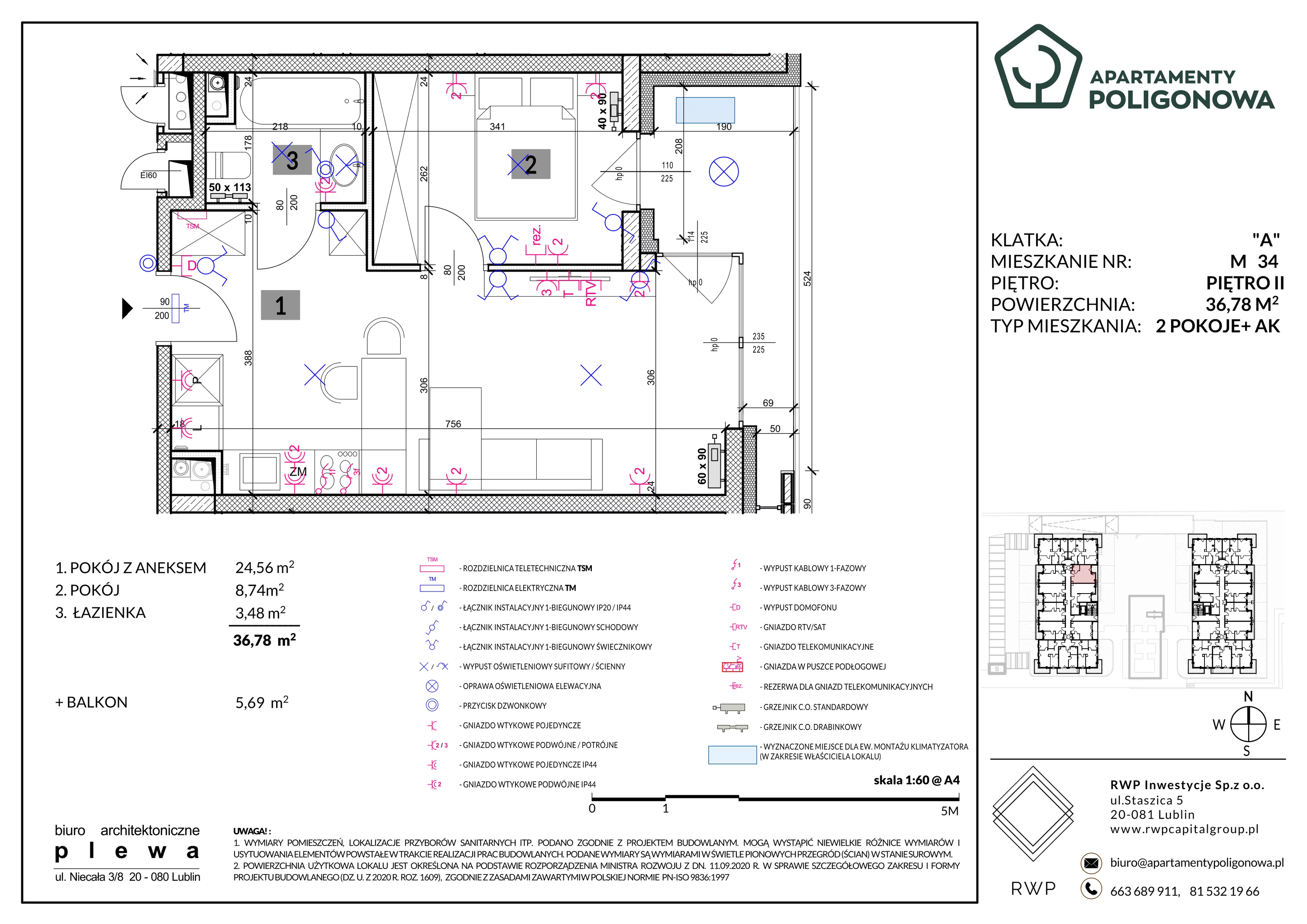 2 pokoje, mieszkanie 36,78 m², piętro 2, oferta nr 34, Apartamenty Poligonowa 4, Lublin, Sławin, ul. Poligonowa