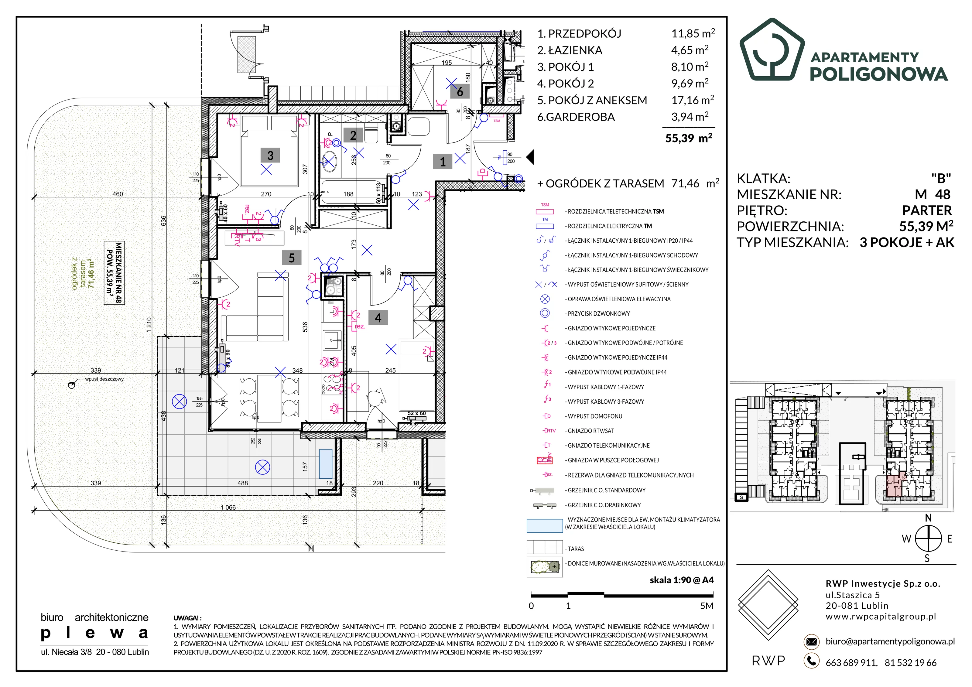 3 pokoje, mieszkanie 55,39 m², parter, oferta nr 48, Apartamenty Poligonowa 4, Lublin, Sławin, ul. Poligonowa