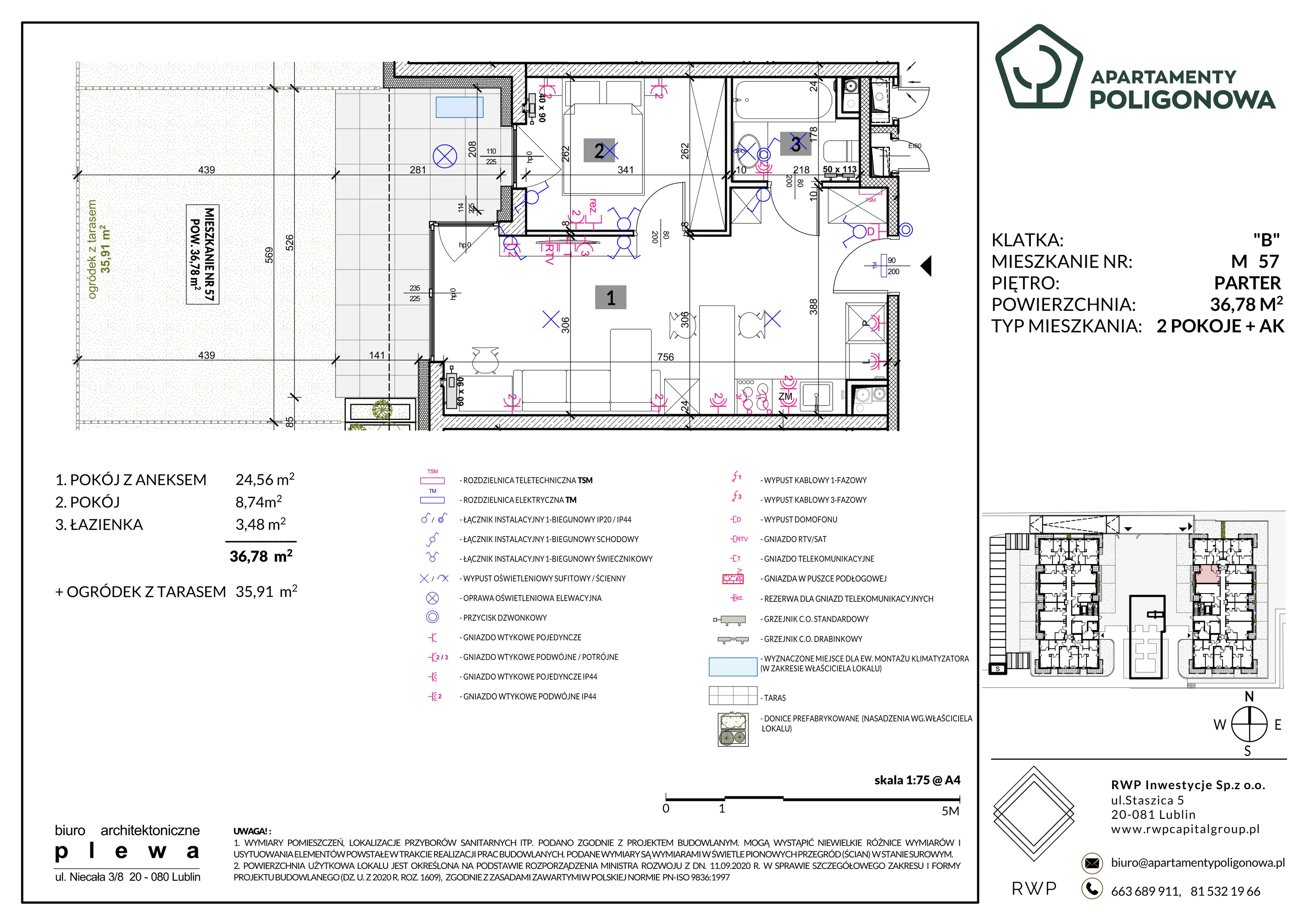 2 pokoje, mieszkanie 36,78 m², parter, oferta nr 57, Apartamenty Poligonowa 4, Lublin, Sławin, ul. Poligonowa