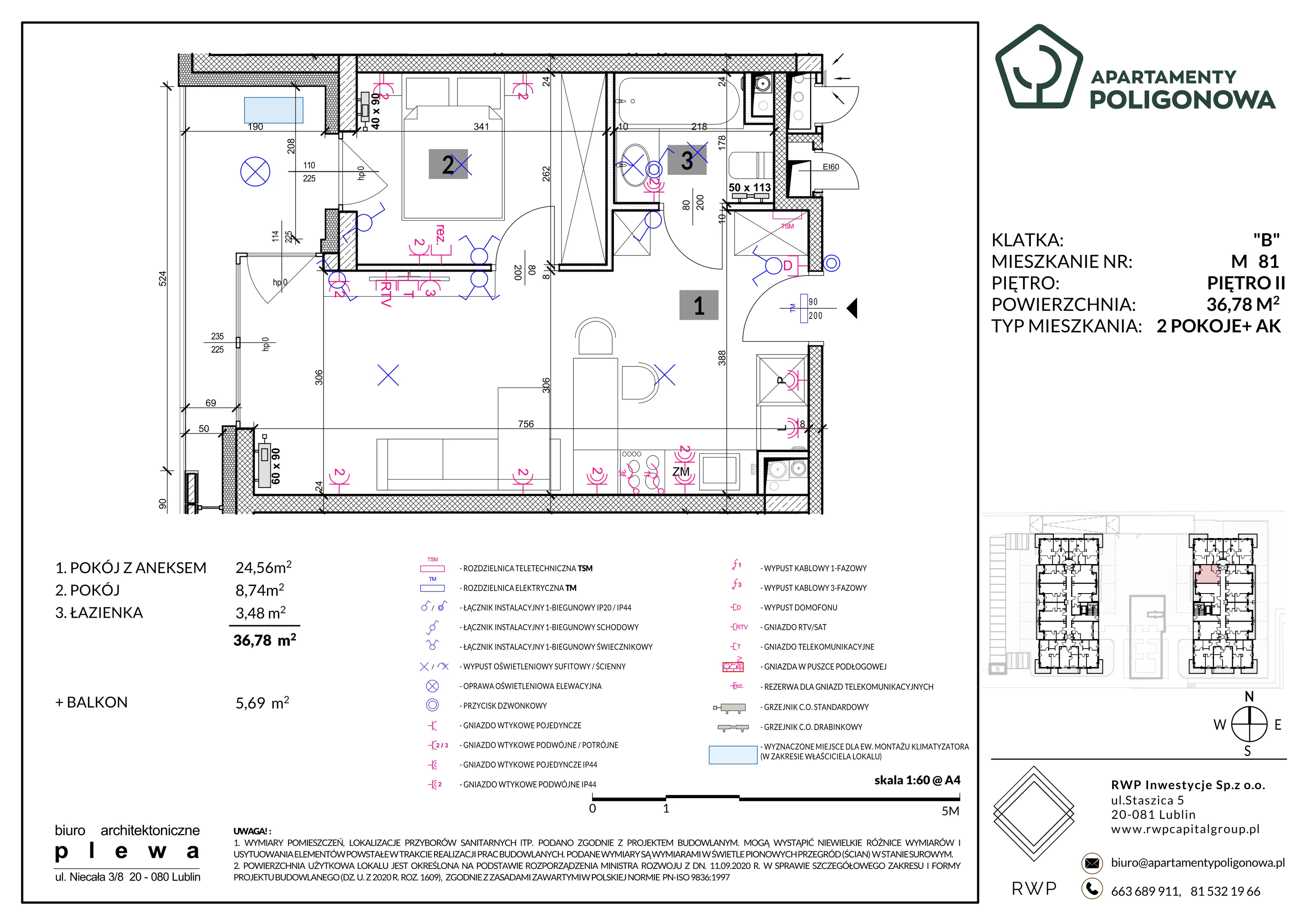 2 pokoje, mieszkanie 36,78 m², piętro 2, oferta nr 81, Apartamenty Poligonowa 4, Lublin, Sławin, ul. Poligonowa
