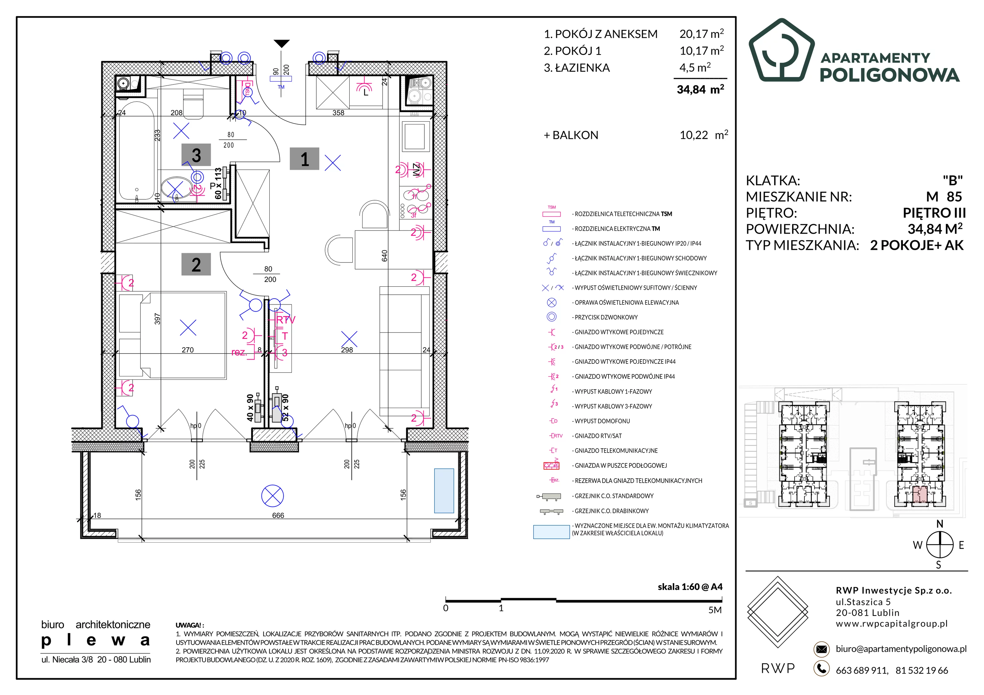 2 pokoje, mieszkanie 34,84 m², piętro 3, oferta nr 85, Apartamenty Poligonowa 4, Lublin, Sławin, ul. Poligonowa