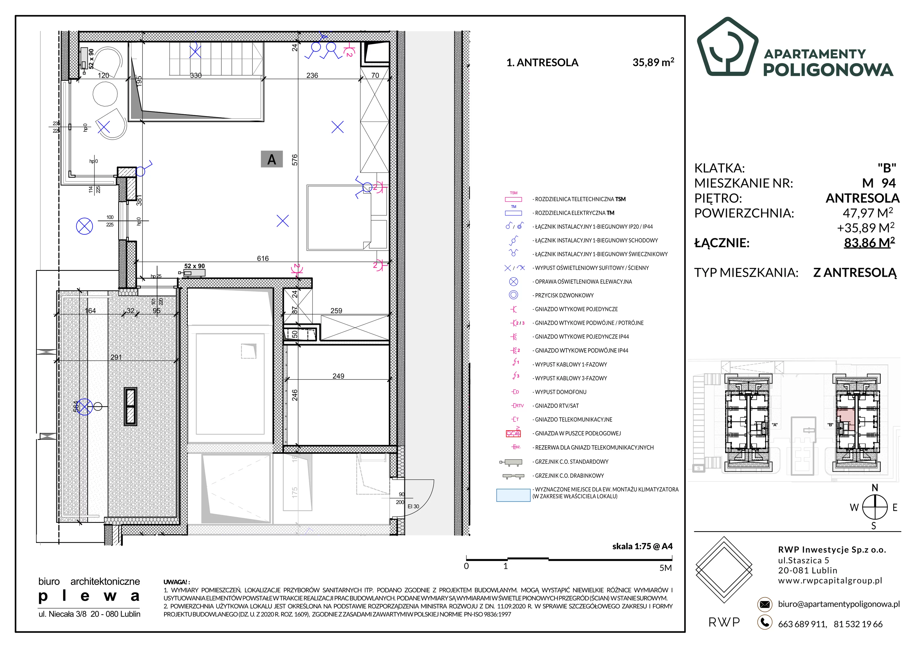 4 pokoje, mieszkanie 83,86 m², piętro 3, oferta nr 94, Apartamenty Poligonowa 4, Lublin, Sławin, ul. Poligonowa