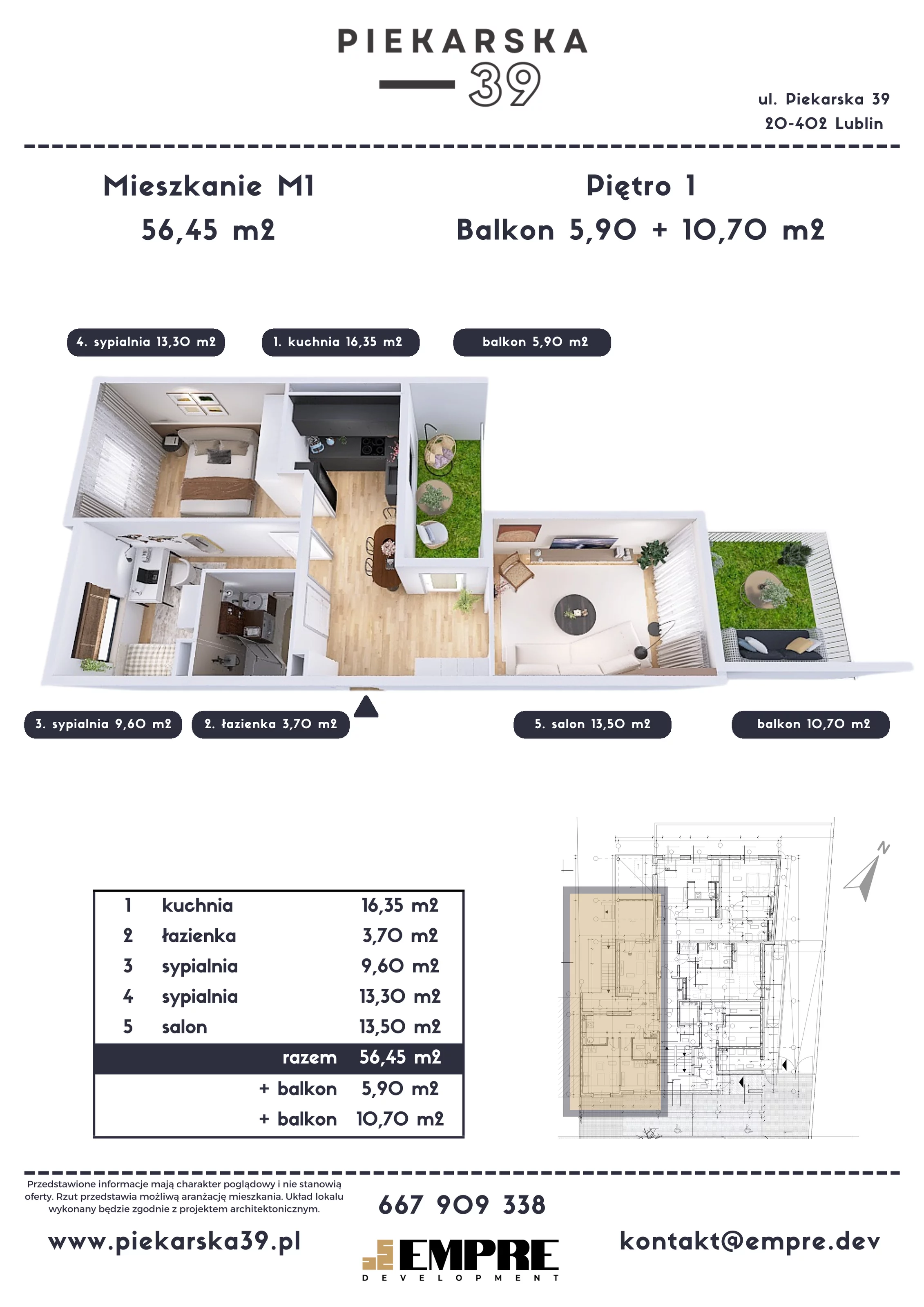 3 pokoje, mieszkanie 56,45 m², piętro 1, oferta nr M1, Piekarska 39, Lublin, Za Cukrownią, ul. Piekarska 39