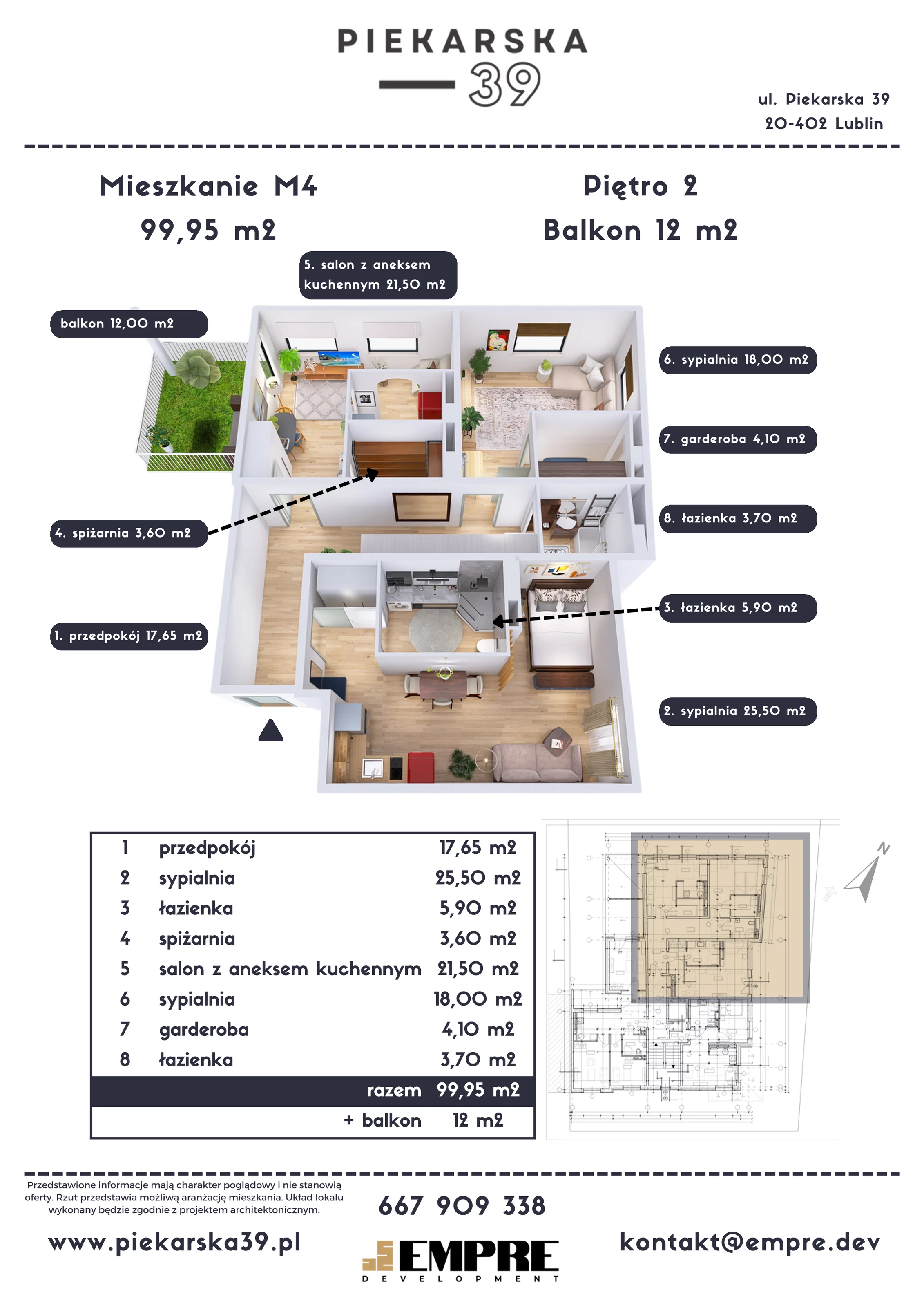 3 pokoje, mieszkanie 99,95 m², piętro 2, oferta nr M4, Piekarska 39, Lublin, Za Cukrownią, ul. Piekarska 39