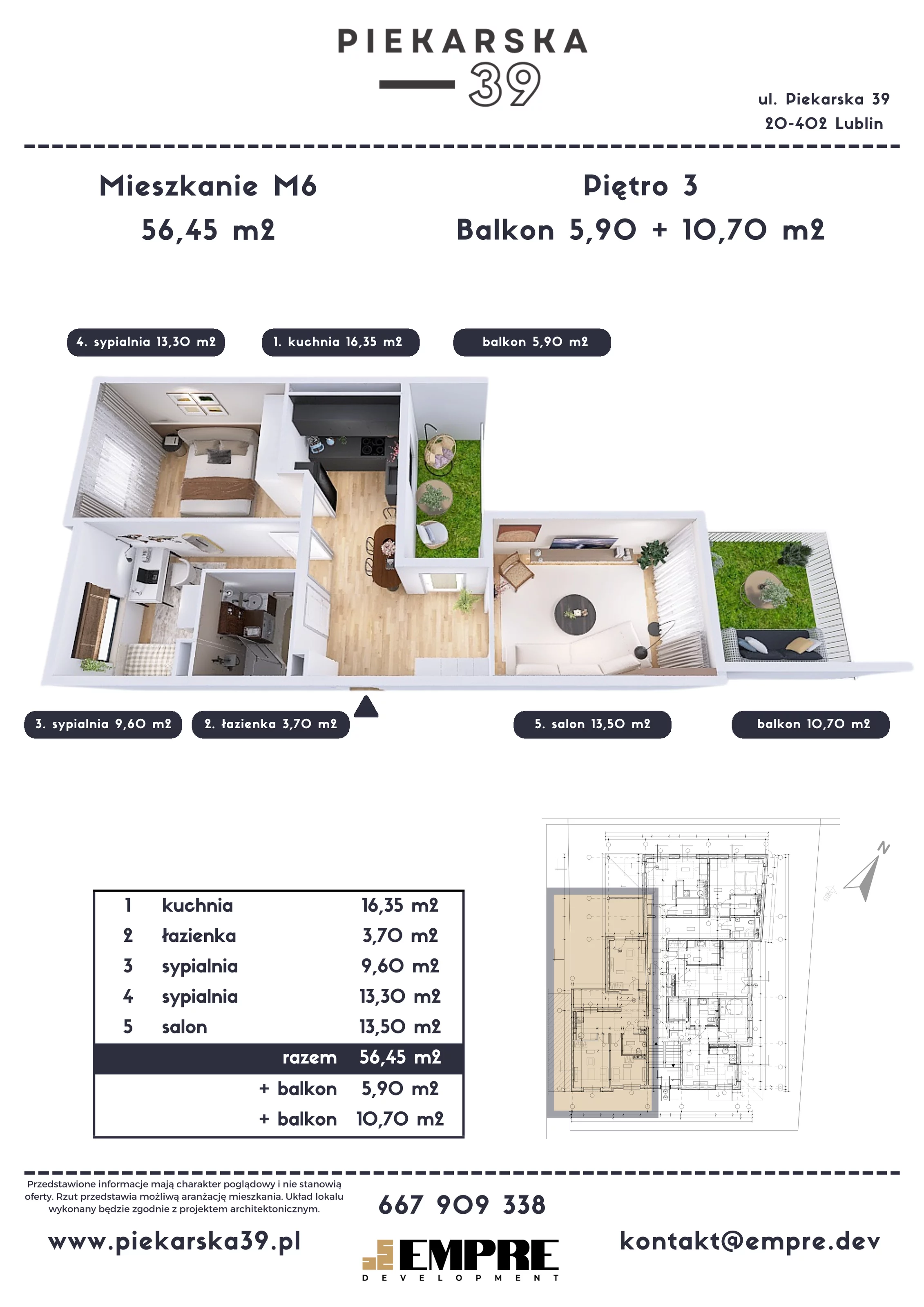 3 pokoje, mieszkanie 56,45 m², piętro 3, oferta nr M6, Piekarska 39, Lublin, Za Cukrownią, ul. Piekarska 39