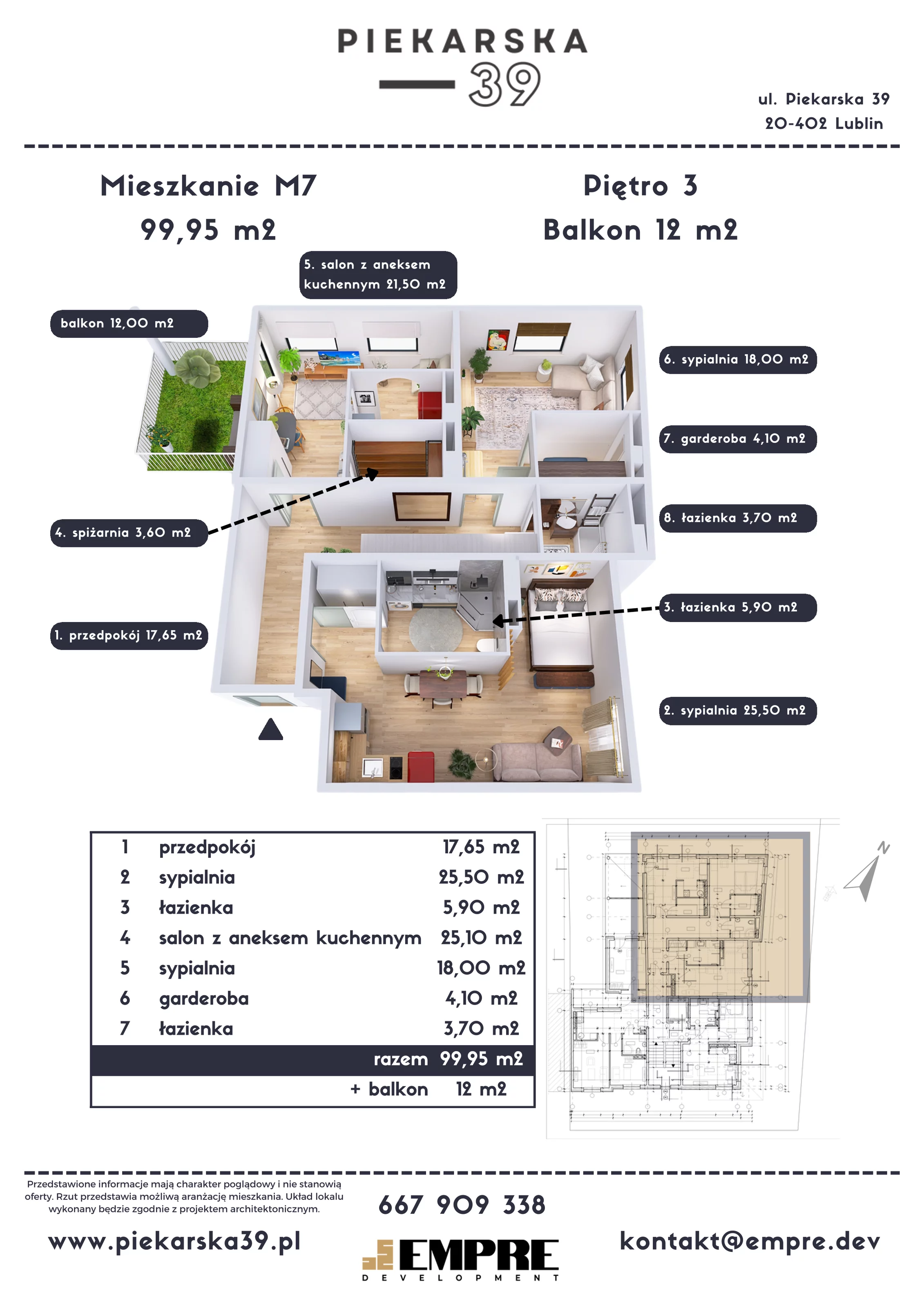 3 pokoje, mieszkanie 99,95 m², piętro 3, oferta nr M7, Piekarska 39, Lublin, Za Cukrownią, ul. Piekarska 39