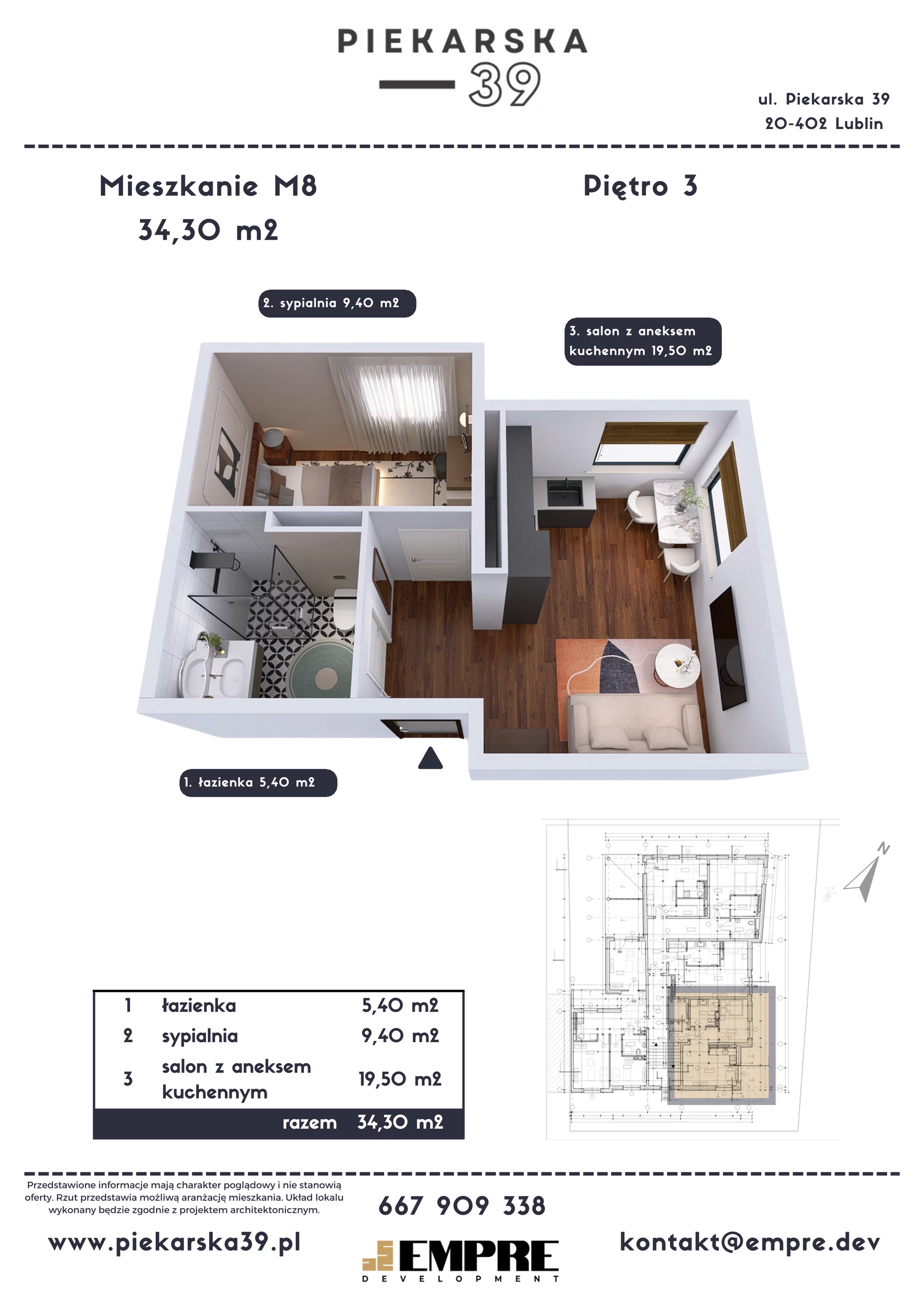 2 pokoje, mieszkanie 34,30 m², piętro 3, oferta nr M8, Piekarska 39, Lublin, Za Cukrownią, ul. Piekarska 39