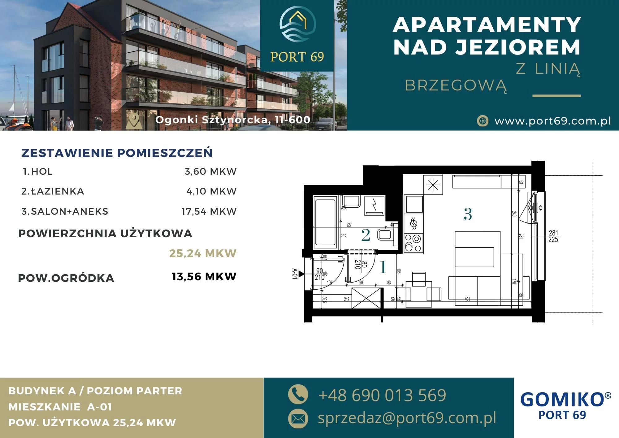 1 pokój, mieszkanie 25,24 m², parter, oferta nr A-01, Port 69, Ogonki, ul. Sztynorcka 2