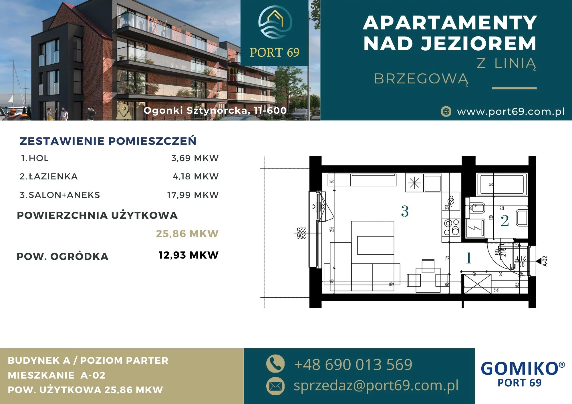 1 pokój, mieszkanie 25,86 m², parter, oferta nr A-02, Port 69, Ogonki, ul. Sztynorcka 2