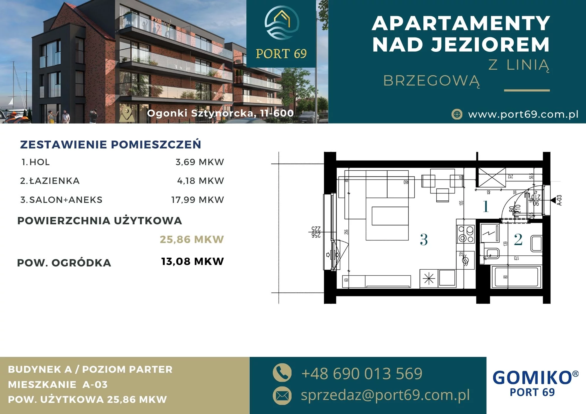 1 pokój, mieszkanie 25,86 m², parter, oferta nr A-03, Port 69, Ogonki, ul. Sztynorcka 2