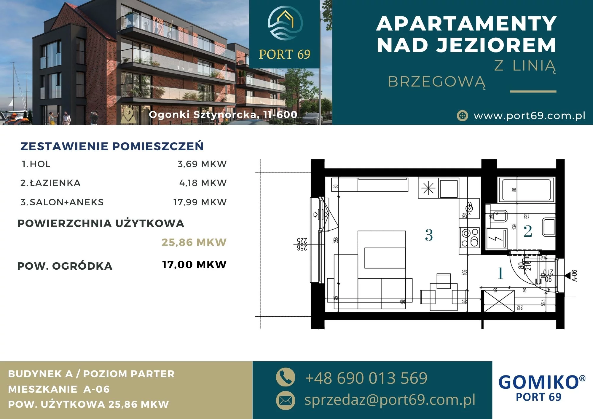 1 pokój, mieszkanie 25,86 m², parter, oferta nr A-06, Port 69, Ogonki, ul. Sztynorcka 2