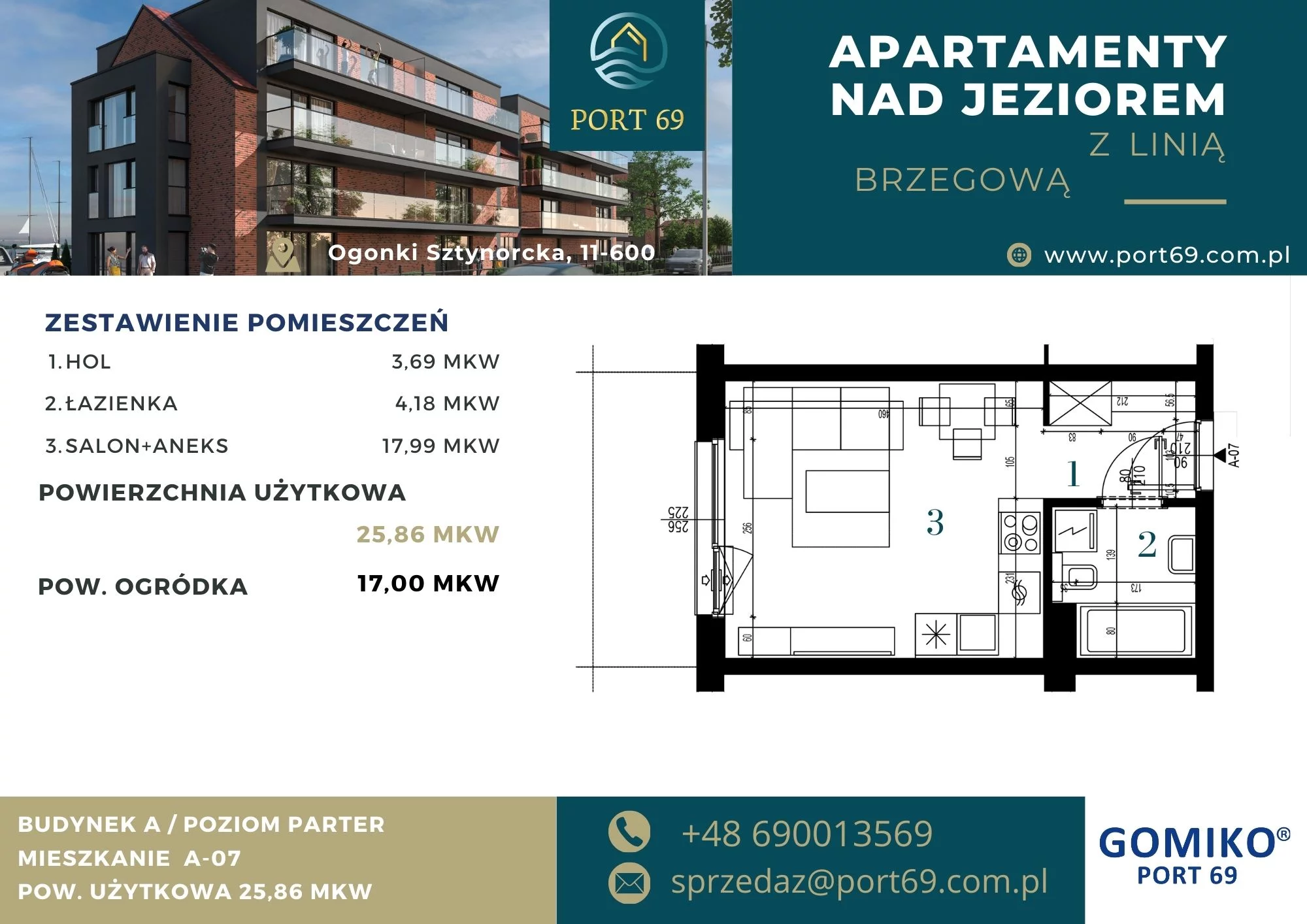 1 pokój, mieszkanie 25,86 m², parter, oferta nr A-07, Port 69, Ogonki, ul. Sztynorcka 2