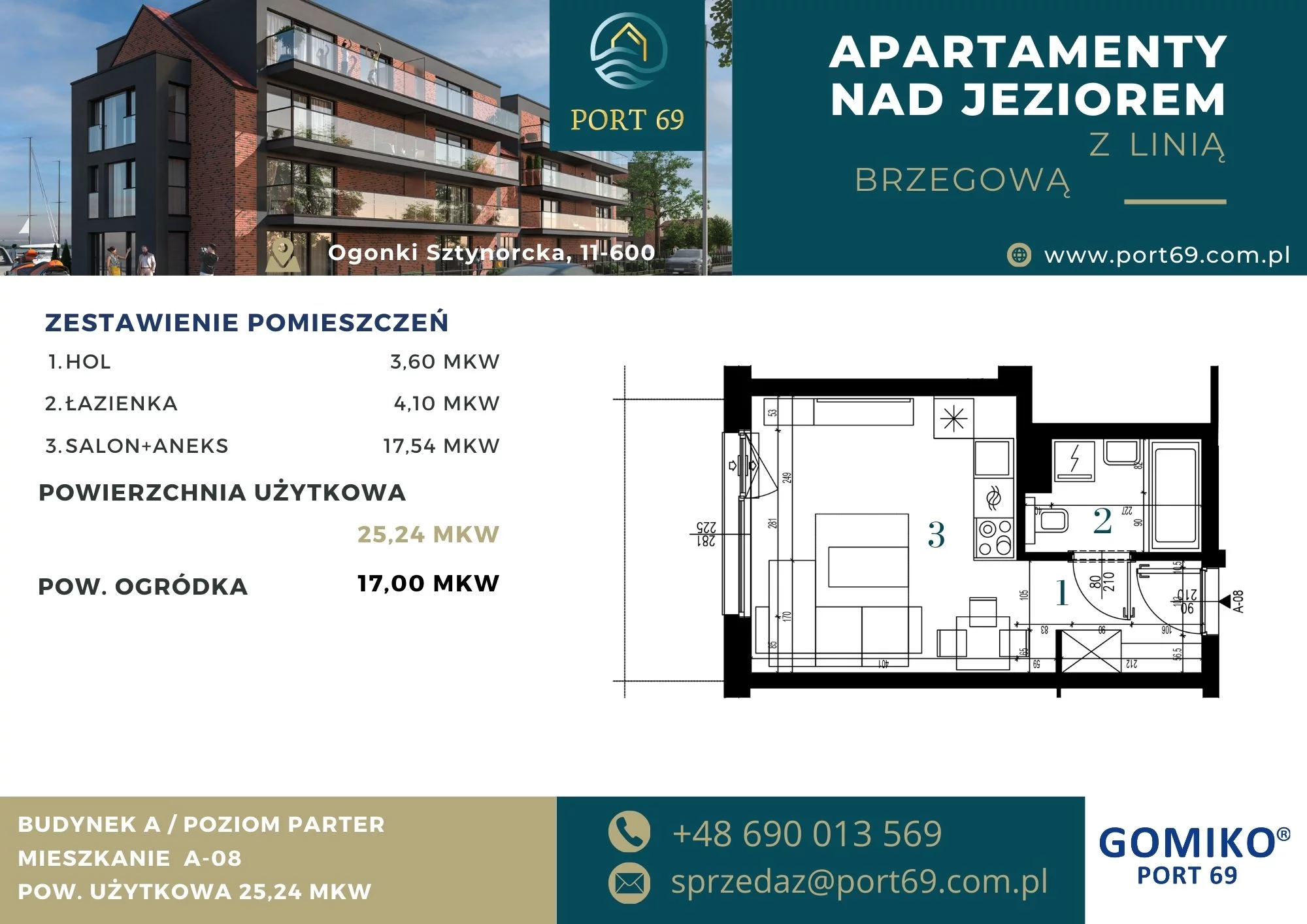 1 pokój, mieszkanie 25,24 m², parter, oferta nr A-08, Port 69, Ogonki, ul. Sztynorcka 2