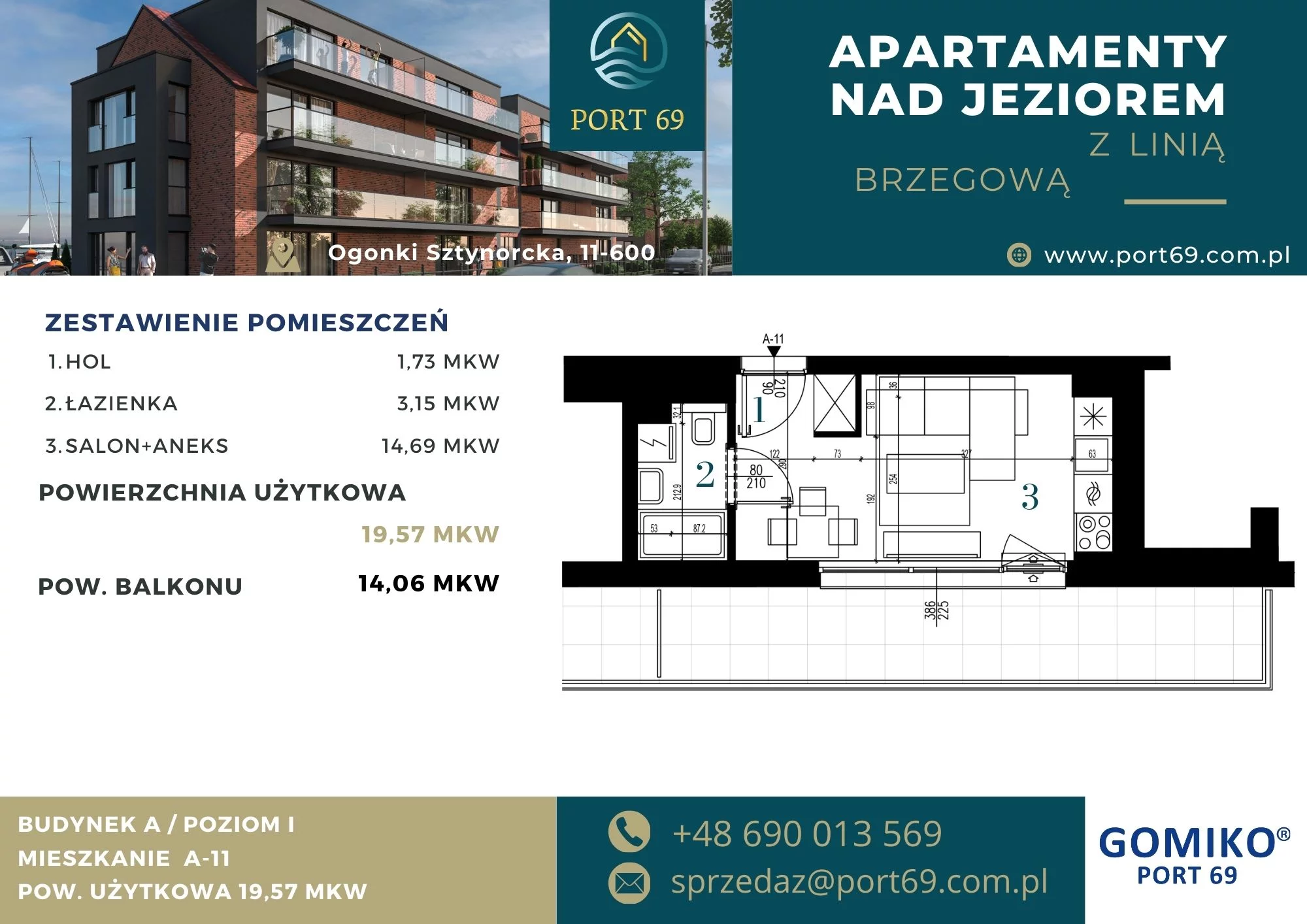 1 pokój, mieszkanie 19,57 m², piętro 1, oferta nr A-11, Port 69, Ogonki, ul. Sztynorcka 2