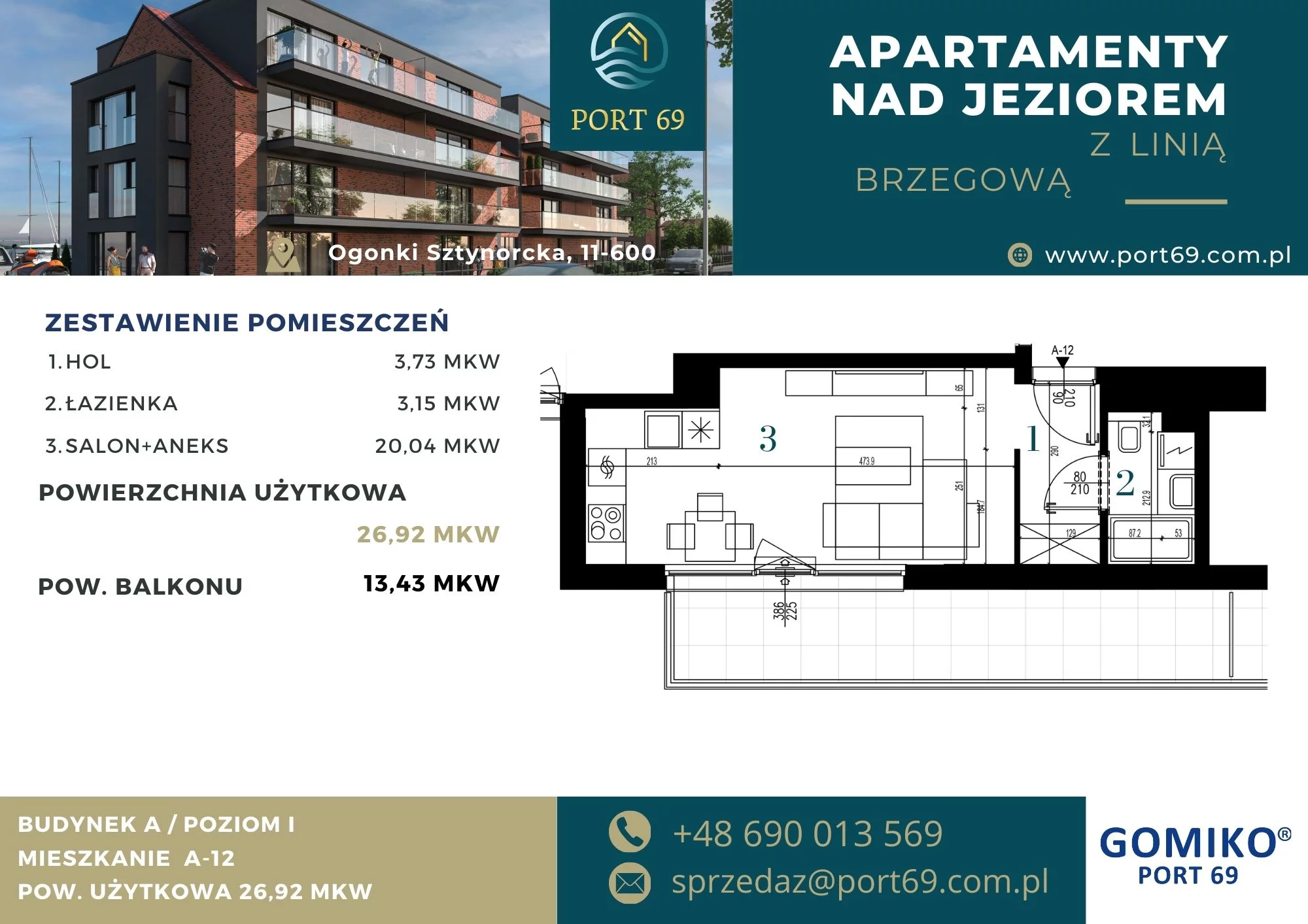 1 pokój, mieszkanie 26,92 m², piętro 1, oferta nr A-12, Port 69, Ogonki, ul. Sztynorcka 2