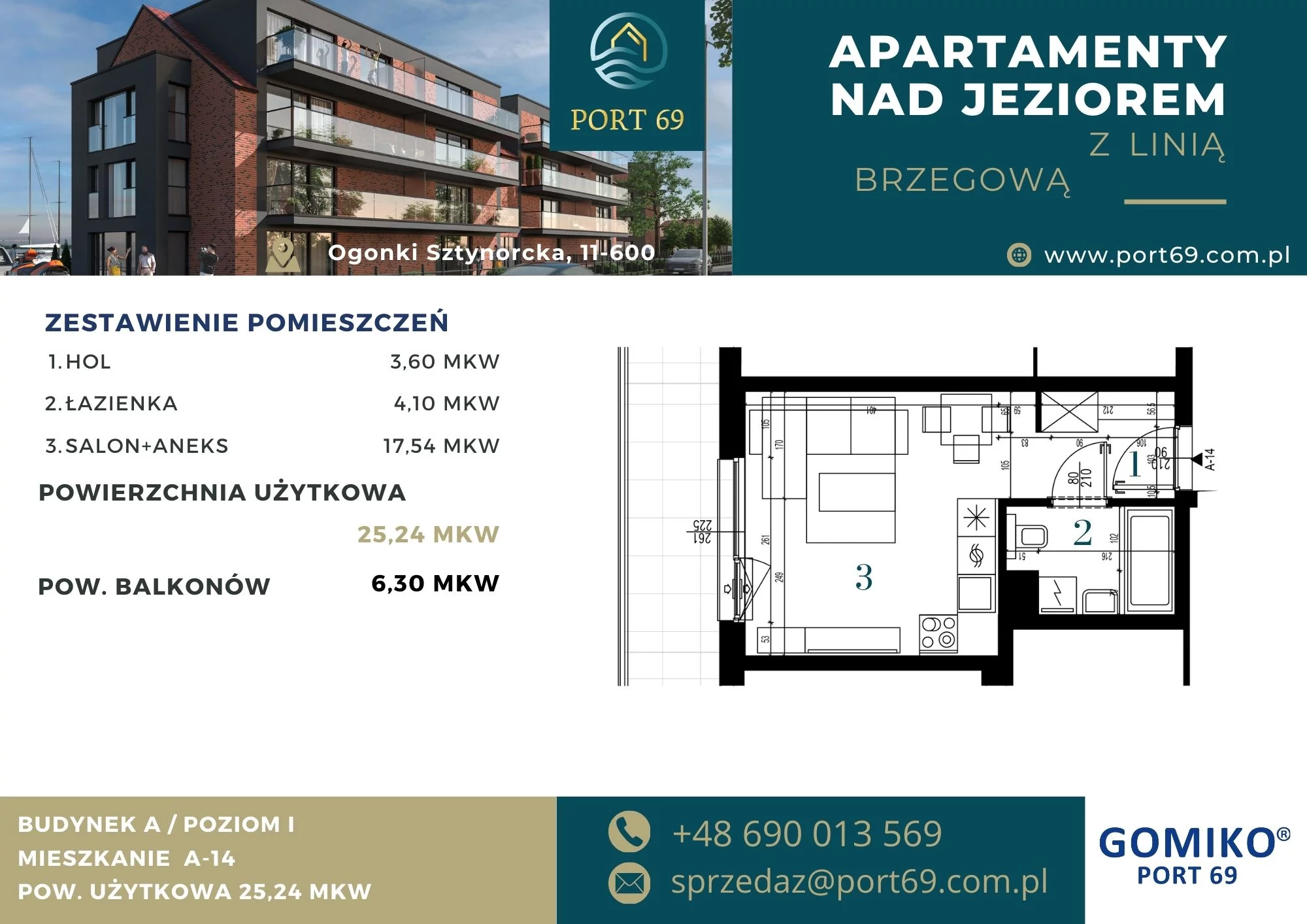 1 pokój, mieszkanie 25,24 m², piętro 1, oferta nr A-14, Port 69, Ogonki, ul. Sztynorcka 2