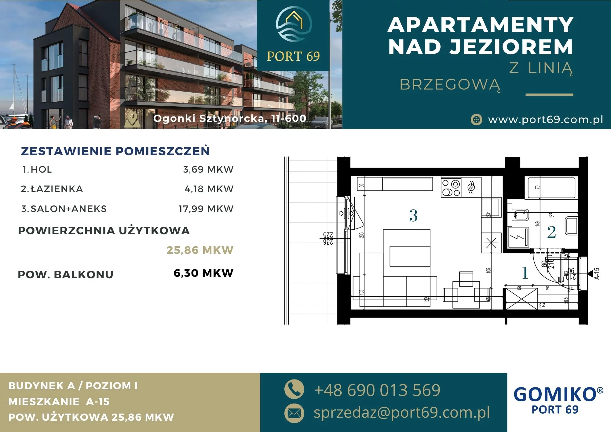 1 pokój, mieszkanie 25,86 m², piętro 1, oferta nr A-15, Port 69, Ogonki, ul. Sztynorcka 2