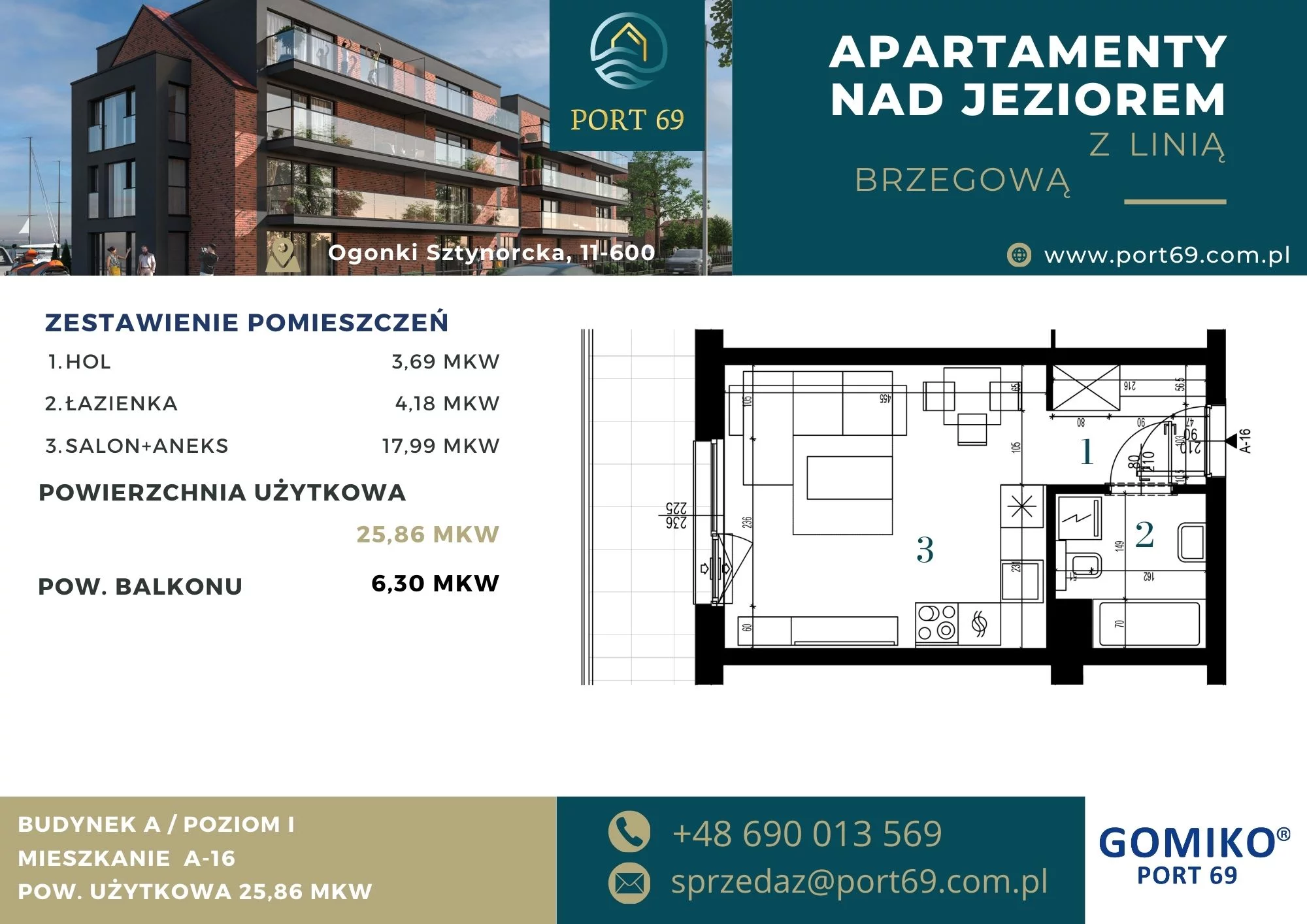 1 pokój, mieszkanie 25,86 m², piętro 1, oferta nr A-16, Port 69, Ogonki, ul. Sztynorcka 2