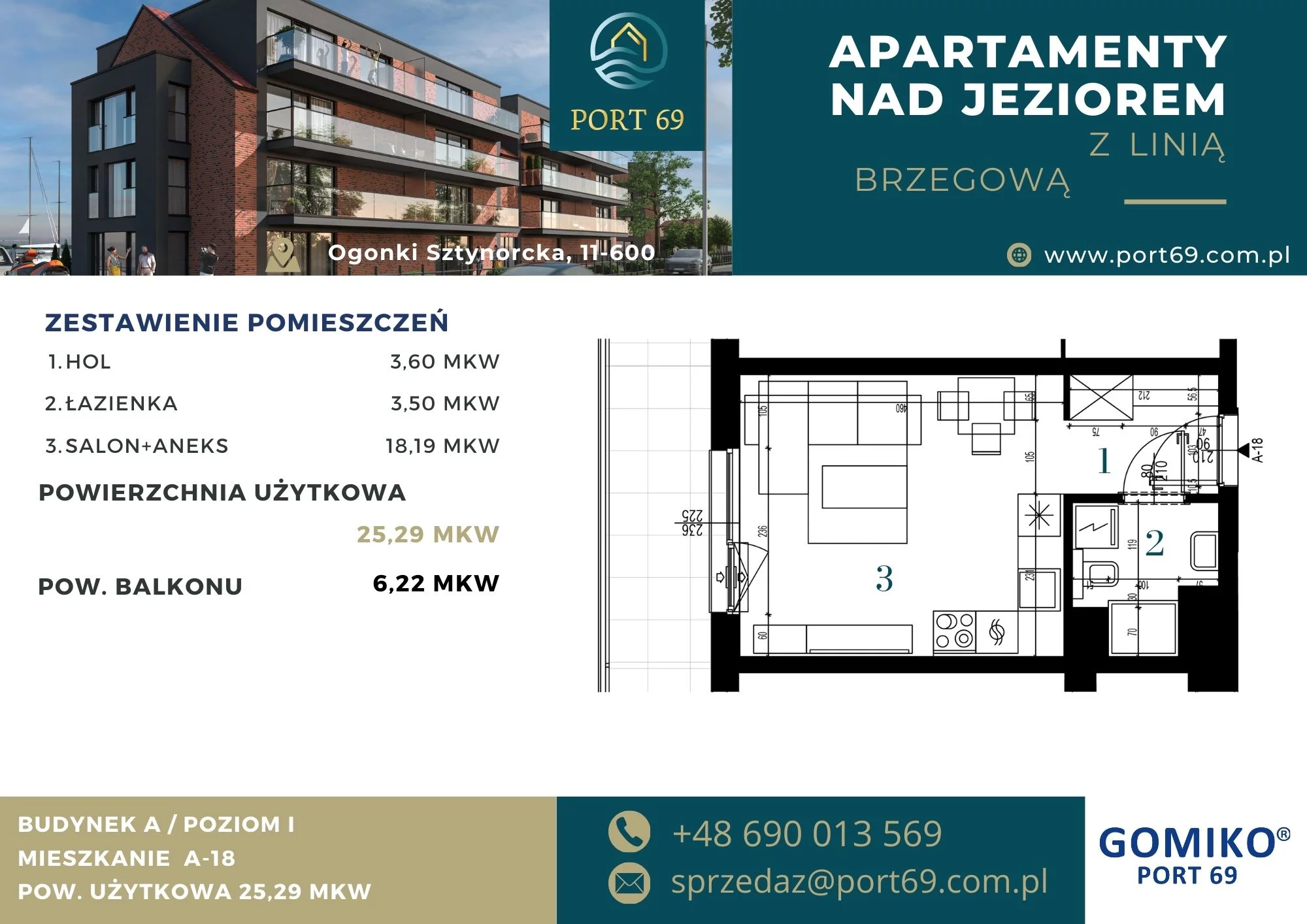 1 pokój, mieszkanie 25,29 m², piętro 1, oferta nr A-18, Port 69, Ogonki, ul. Sztynorcka 2