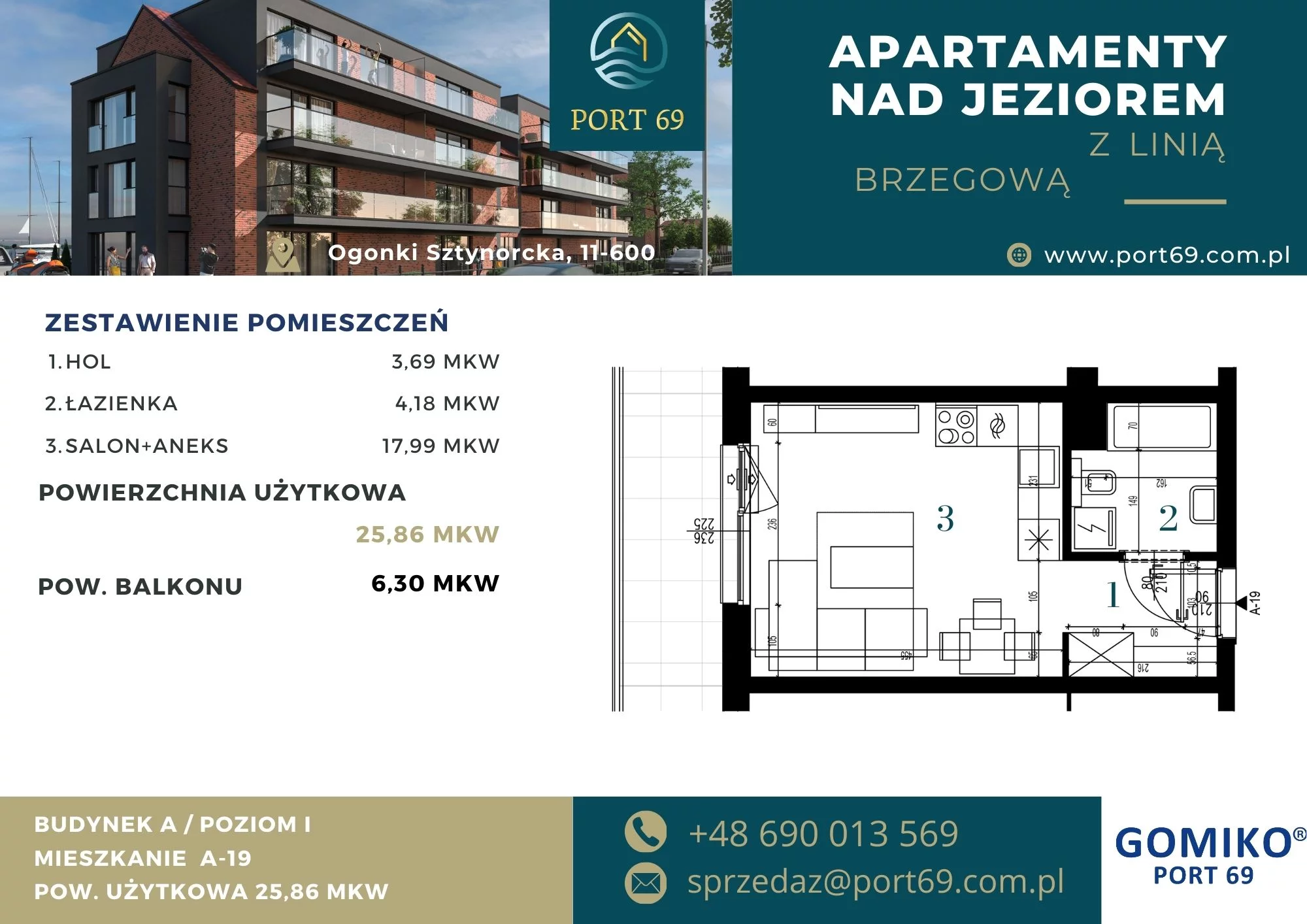 1 pokój, mieszkanie 25,86 m², piętro 1, oferta nr A-19, Port 69, Ogonki, ul. Sztynorcka 2