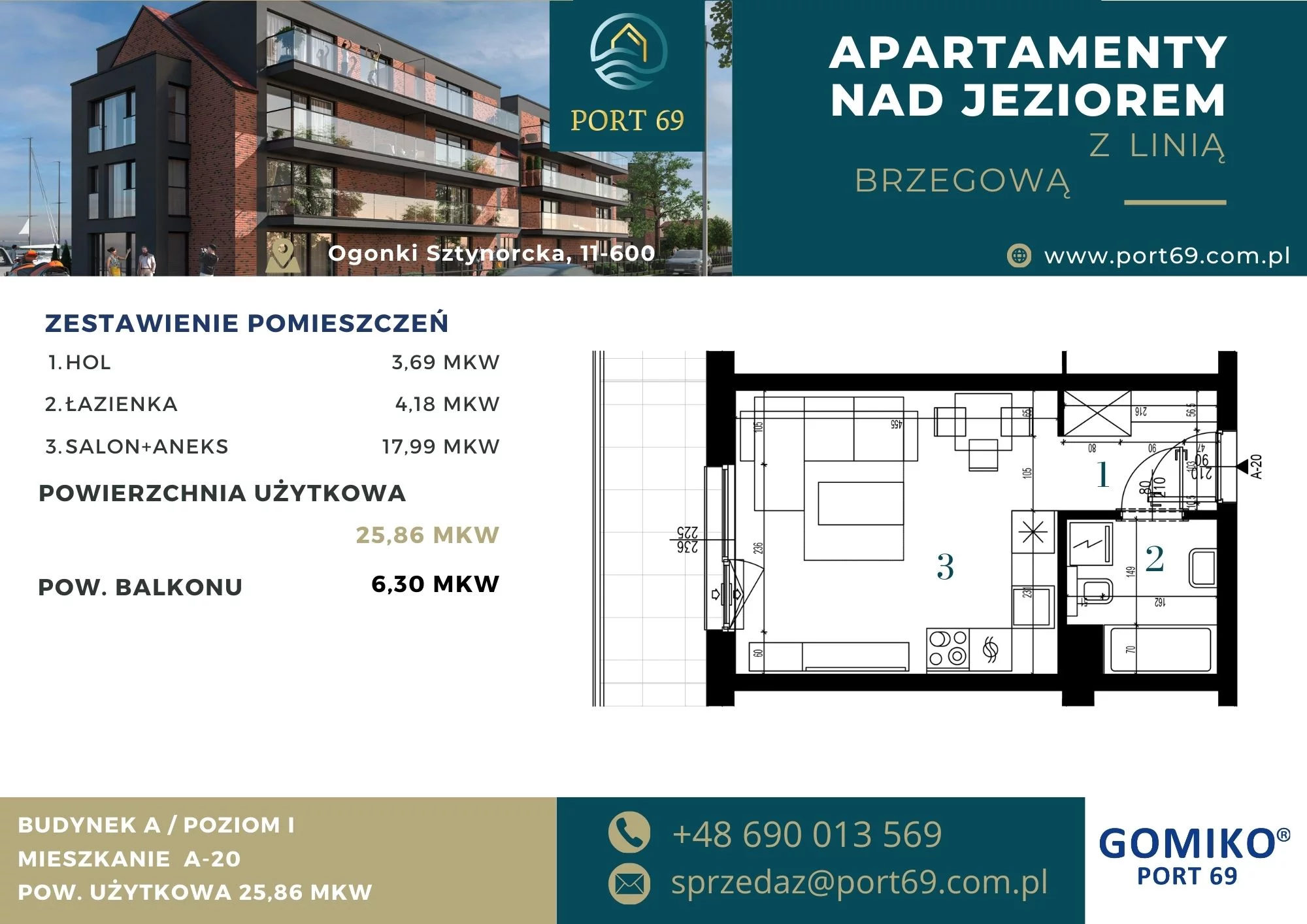 1 pokój, mieszkanie 25,86 m², piętro 1, oferta nr A-20, Port 69, Ogonki, ul. Sztynorcka 2