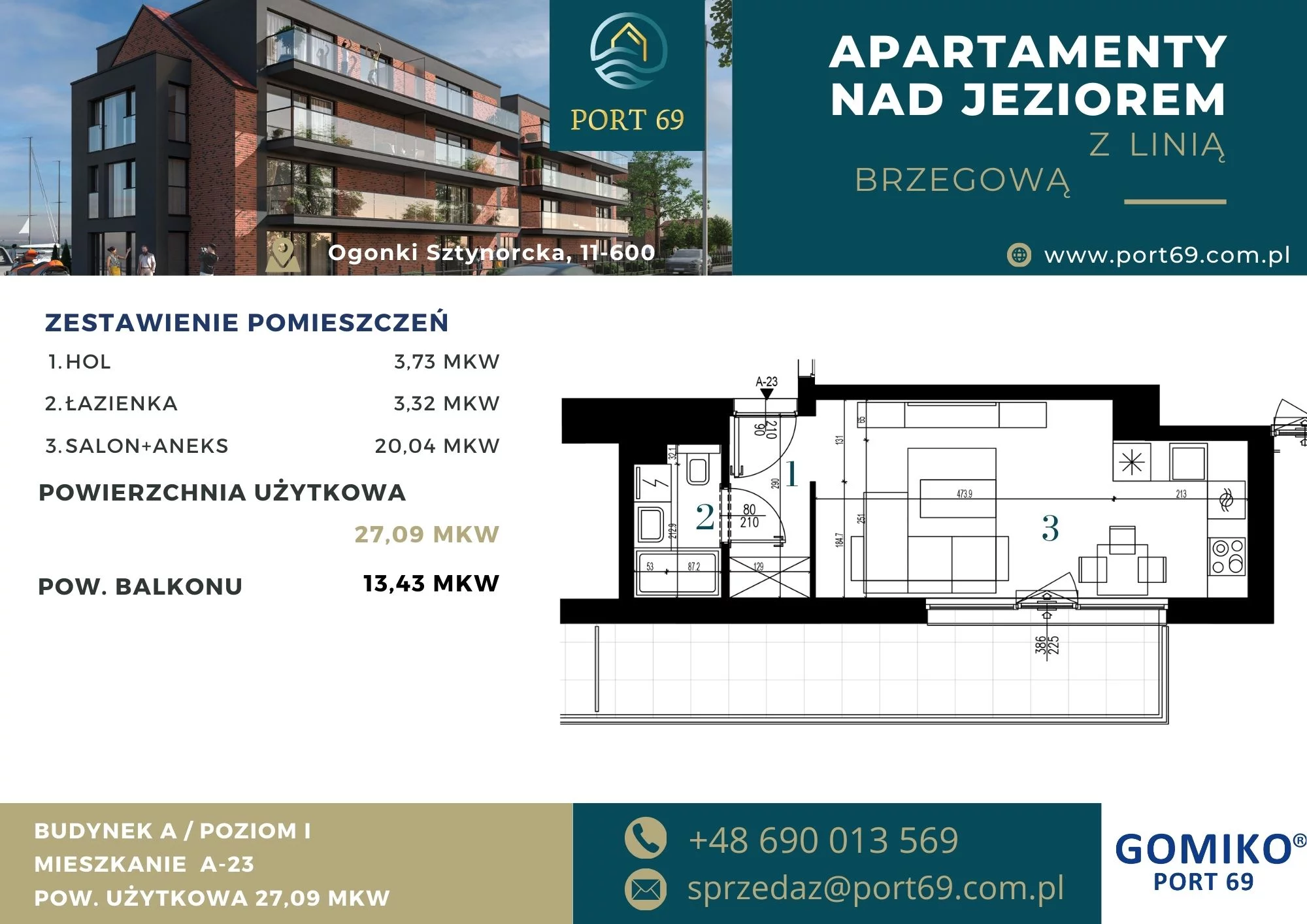 1 pokój, mieszkanie 27,09 m², piętro 1, oferta nr A-23, Port 69, Ogonki, ul. Sztynorcka 2