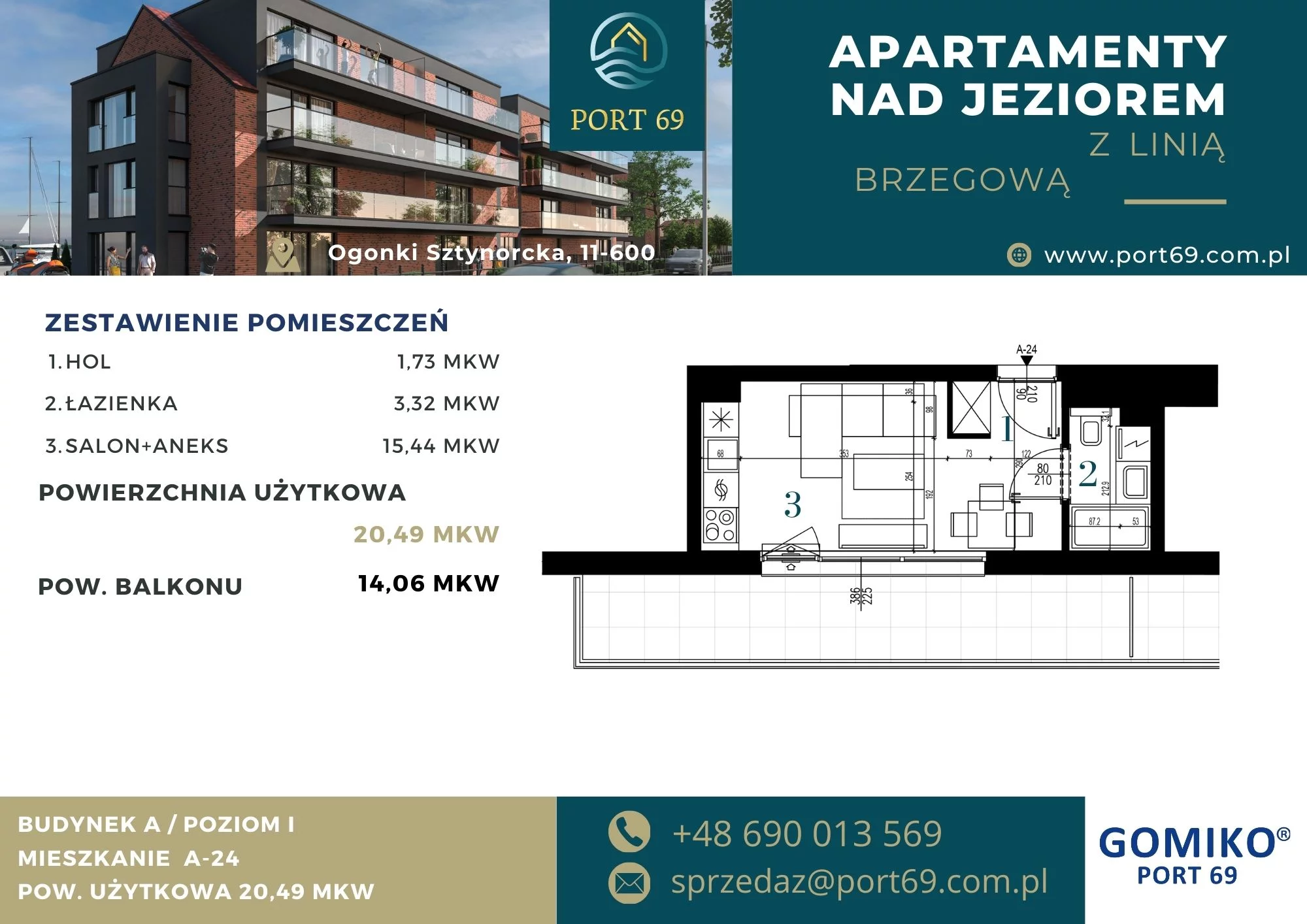 1 pokój, mieszkanie 20,49 m², piętro 1, oferta nr A-24, Port 69, Ogonki, ul. Sztynorcka 2