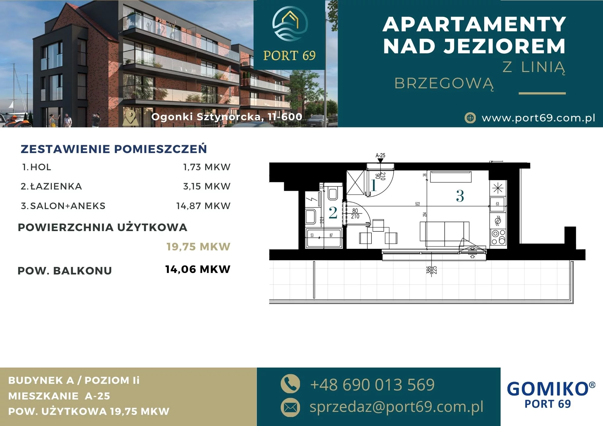 1 pokój, mieszkanie 19,74 m², piętro 2, oferta nr A-25, Port 69, Ogonki, ul. Sztynorcka 2