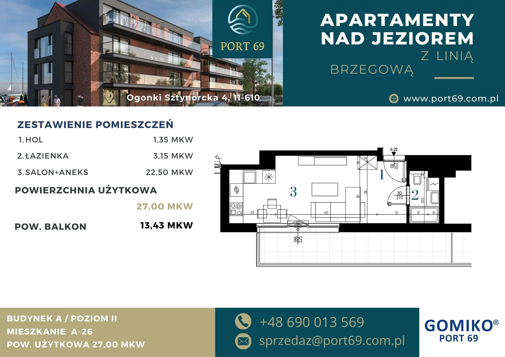 1 pokój, mieszkanie 27,00 m², piętro 2, oferta nr A-26, Port 69, Ogonki, ul. Sztynorcka 2