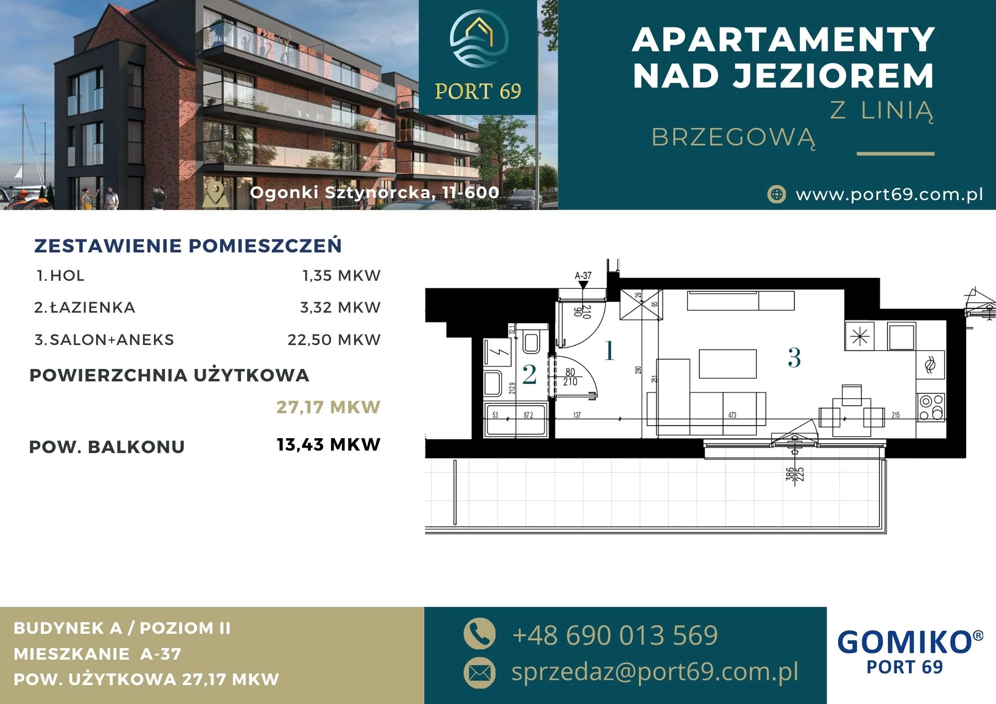 1 pokój, mieszkanie 27,17 m², piętro 2, oferta nr A-37, Port 69, Ogonki, ul. Sztynorcka 2