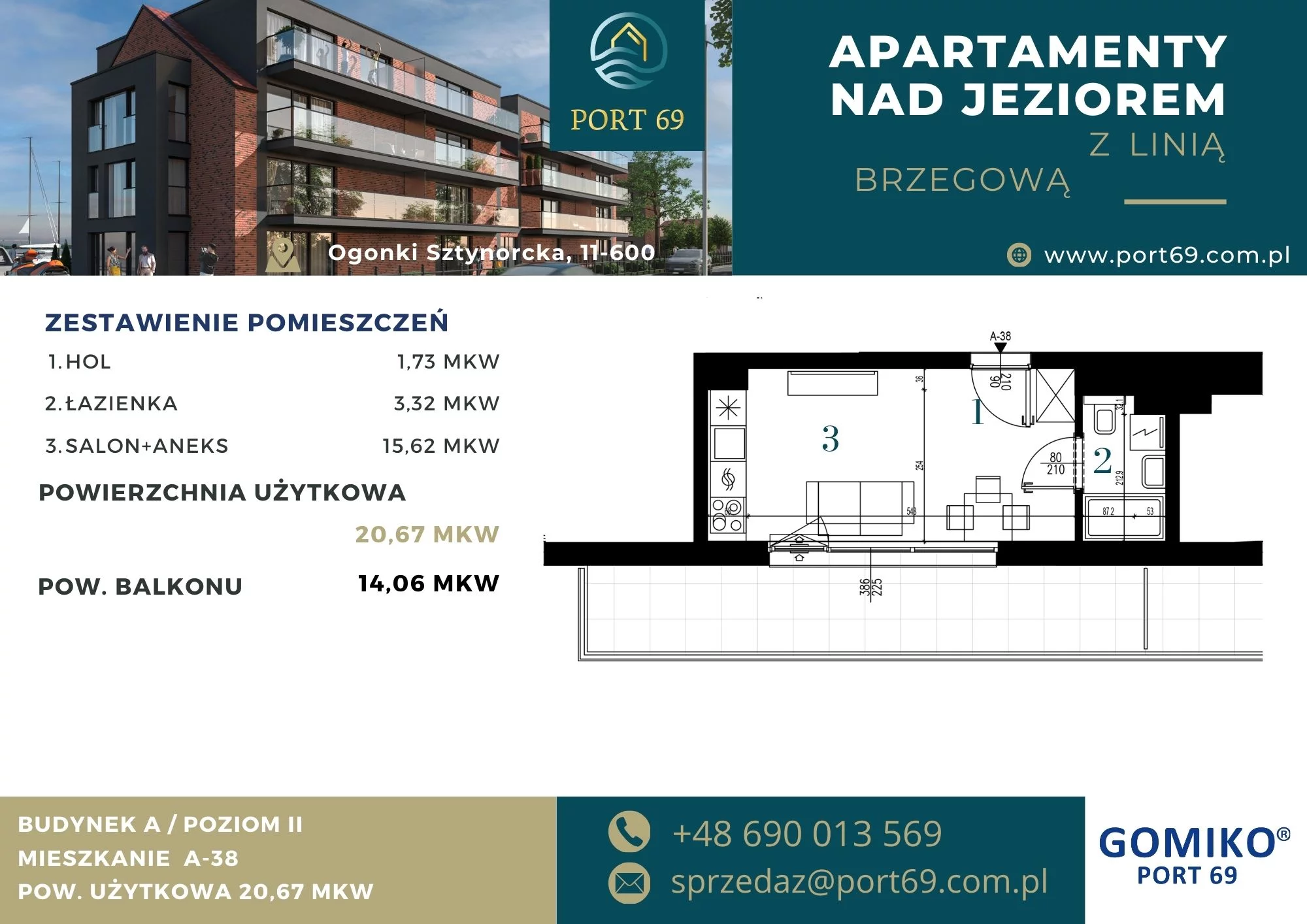 1 pokój, mieszkanie 20,67 m², piętro 2, oferta nr A-38, Port 69, Ogonki, ul. Sztynorcka 2