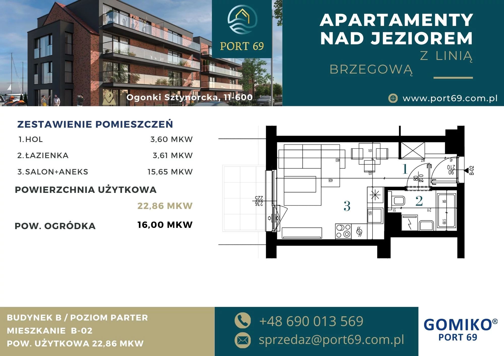 1 pokój, mieszkanie 22,86 m², parter, oferta nr B-02, Port 69, Ogonki, ul. Sztynorcka 2