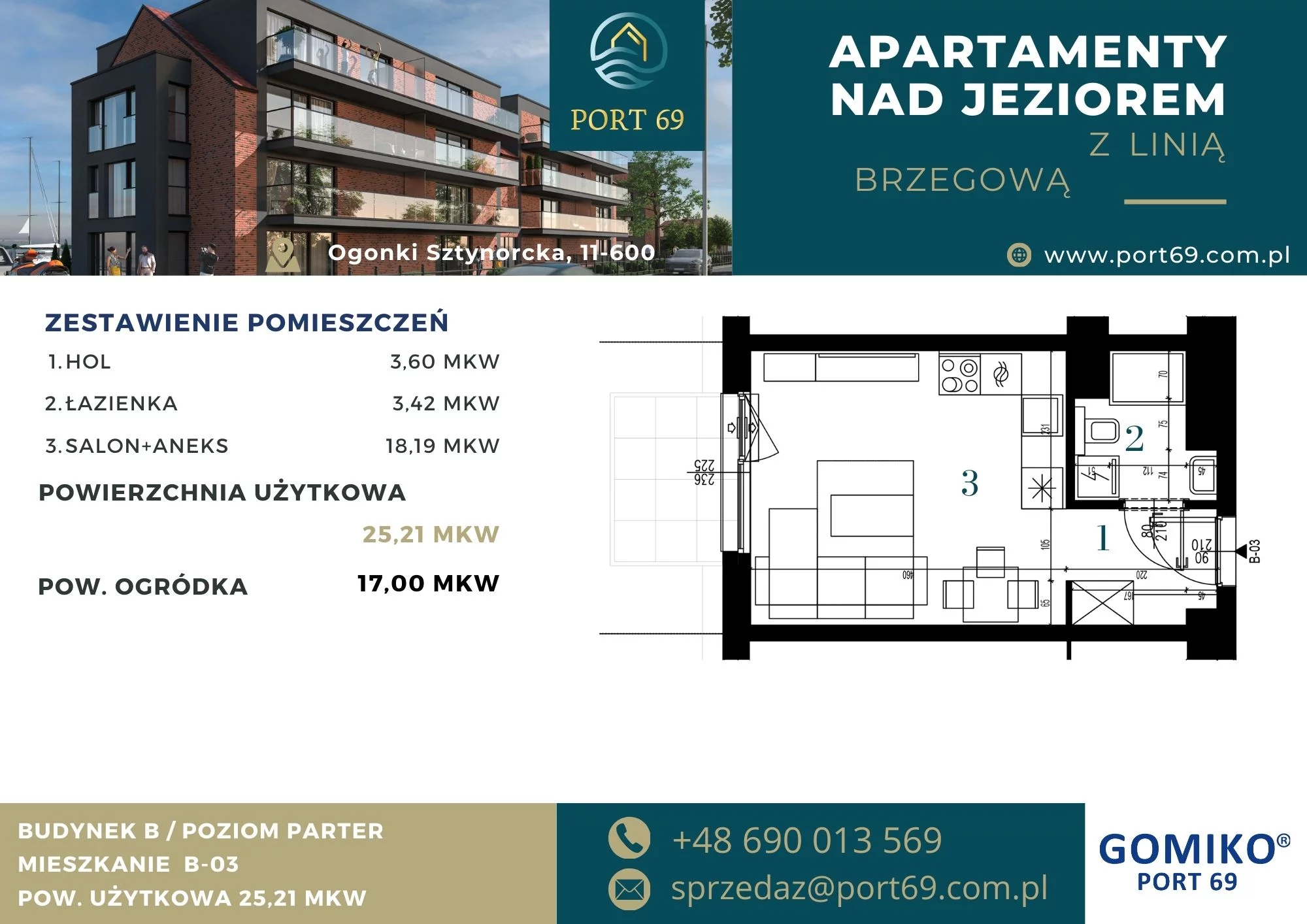 1 pokój, mieszkanie 25,21 m², parter, oferta nr B-03, Port 69, Ogonki, ul. Sztynorcka 2