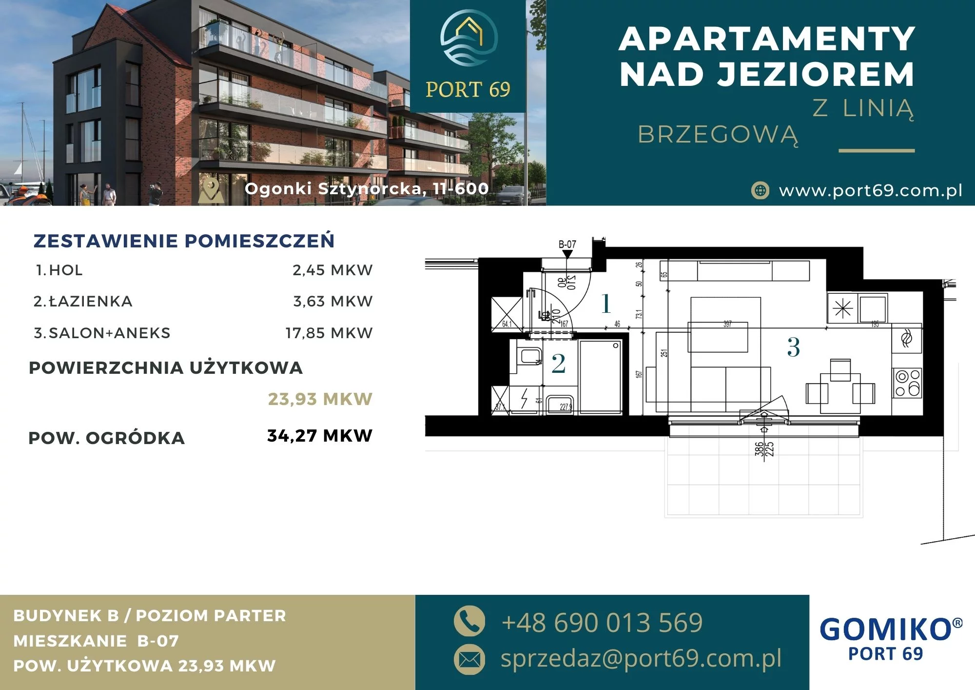 1 pokój, mieszkanie 23,93 m², parter, oferta nr B-07, Port 69, Ogonki, ul. Sztynorcka 2