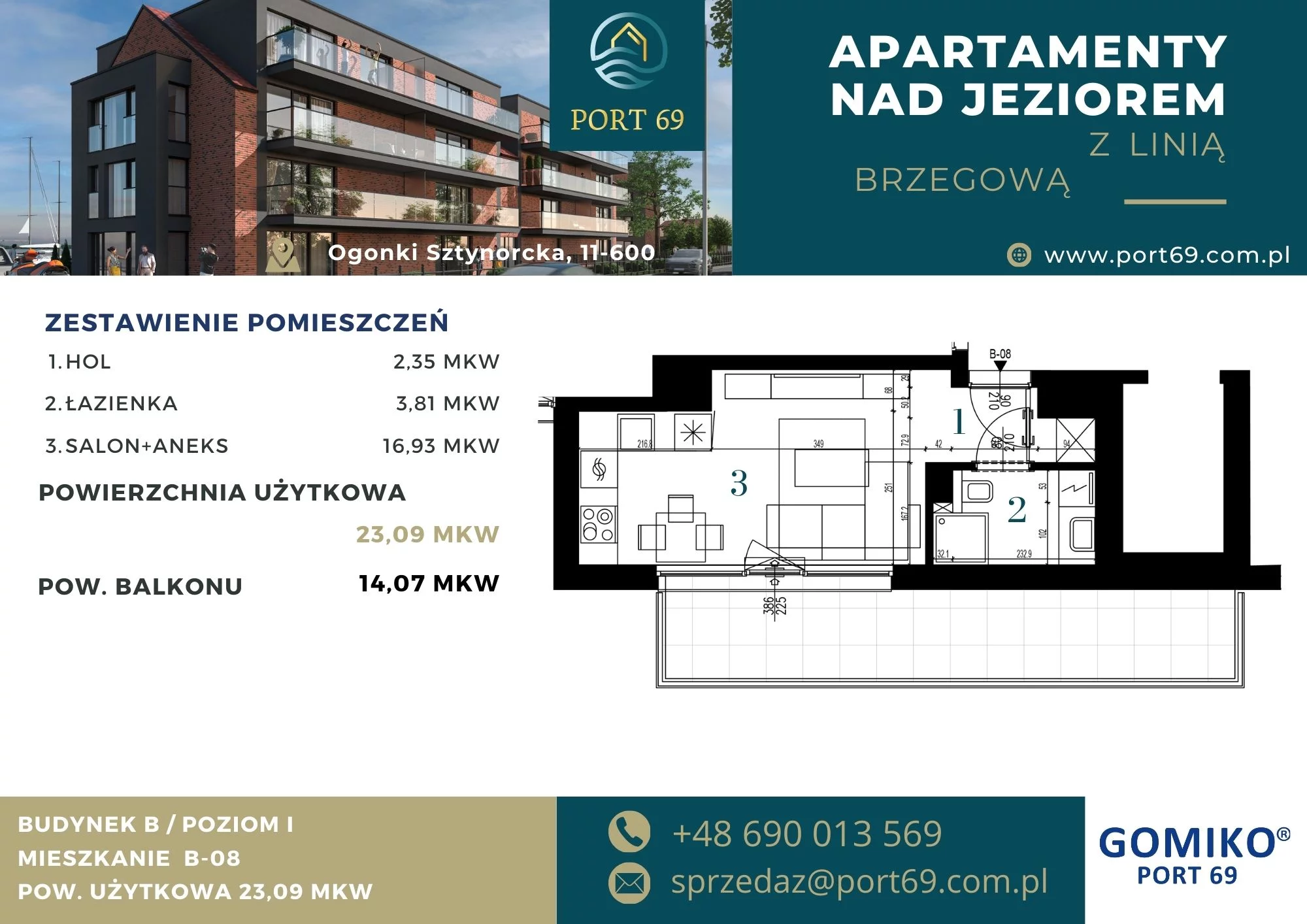 1 pokój, mieszkanie 23,09 m², piętro 1, oferta nr B-08, Port 69, Ogonki, ul. Sztynorcka 2