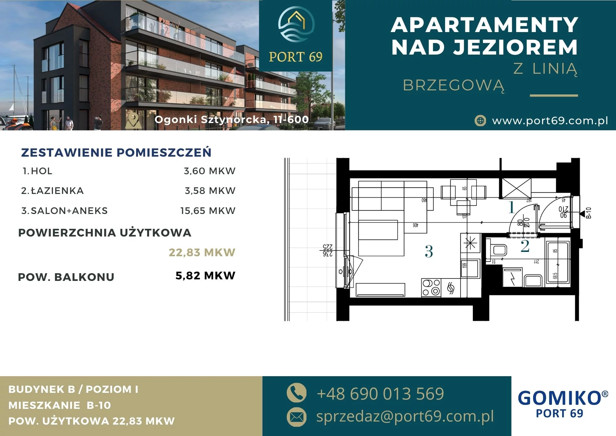 1 pokój, mieszkanie 22,83 m², piętro 1, oferta nr B-10, Port 69, Ogonki, ul. Sztynorcka 2