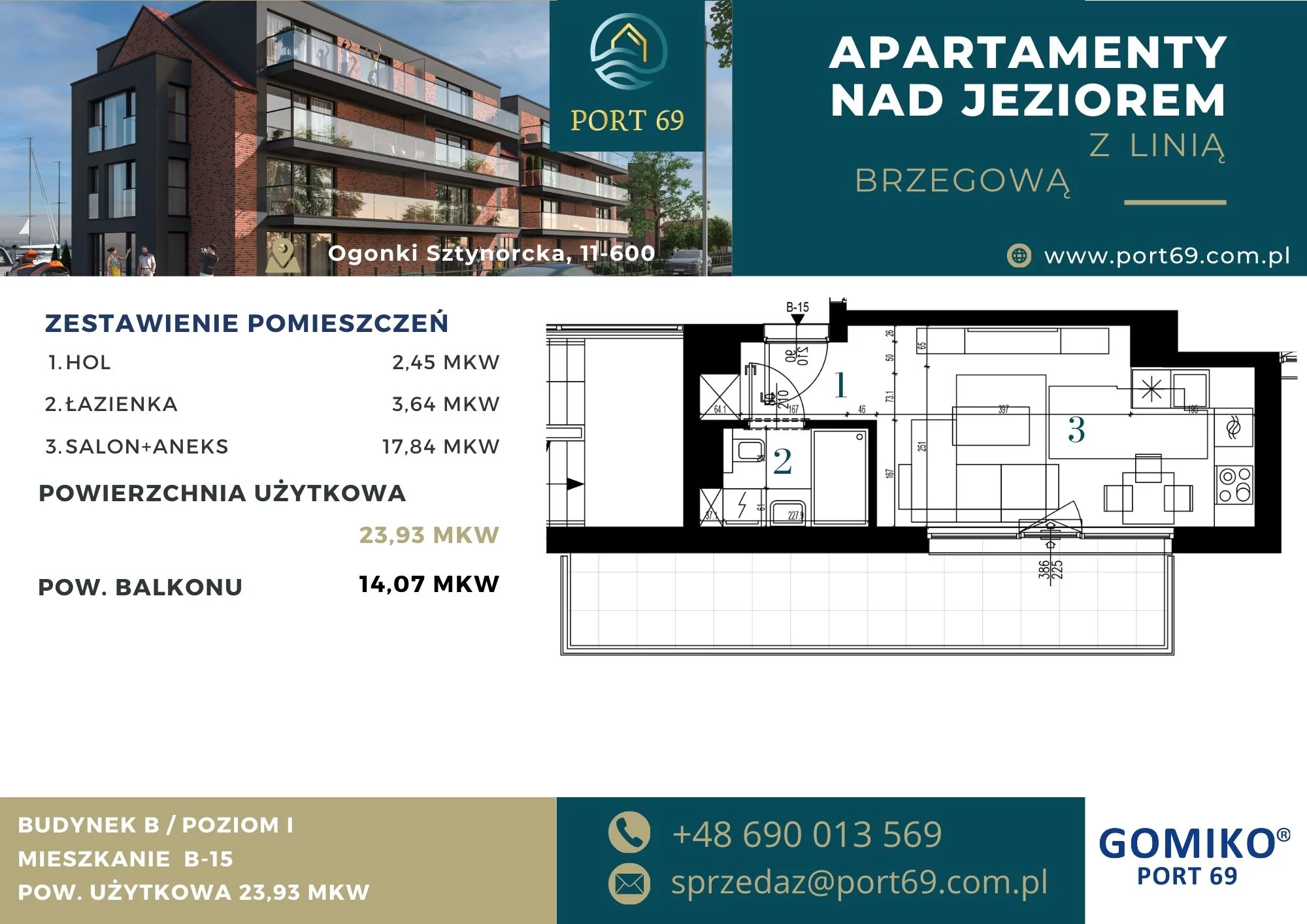1 pokój, mieszkanie 23,93 m², piętro 1, oferta nr B-15, Port 69, Ogonki, ul. Sztynorcka 2